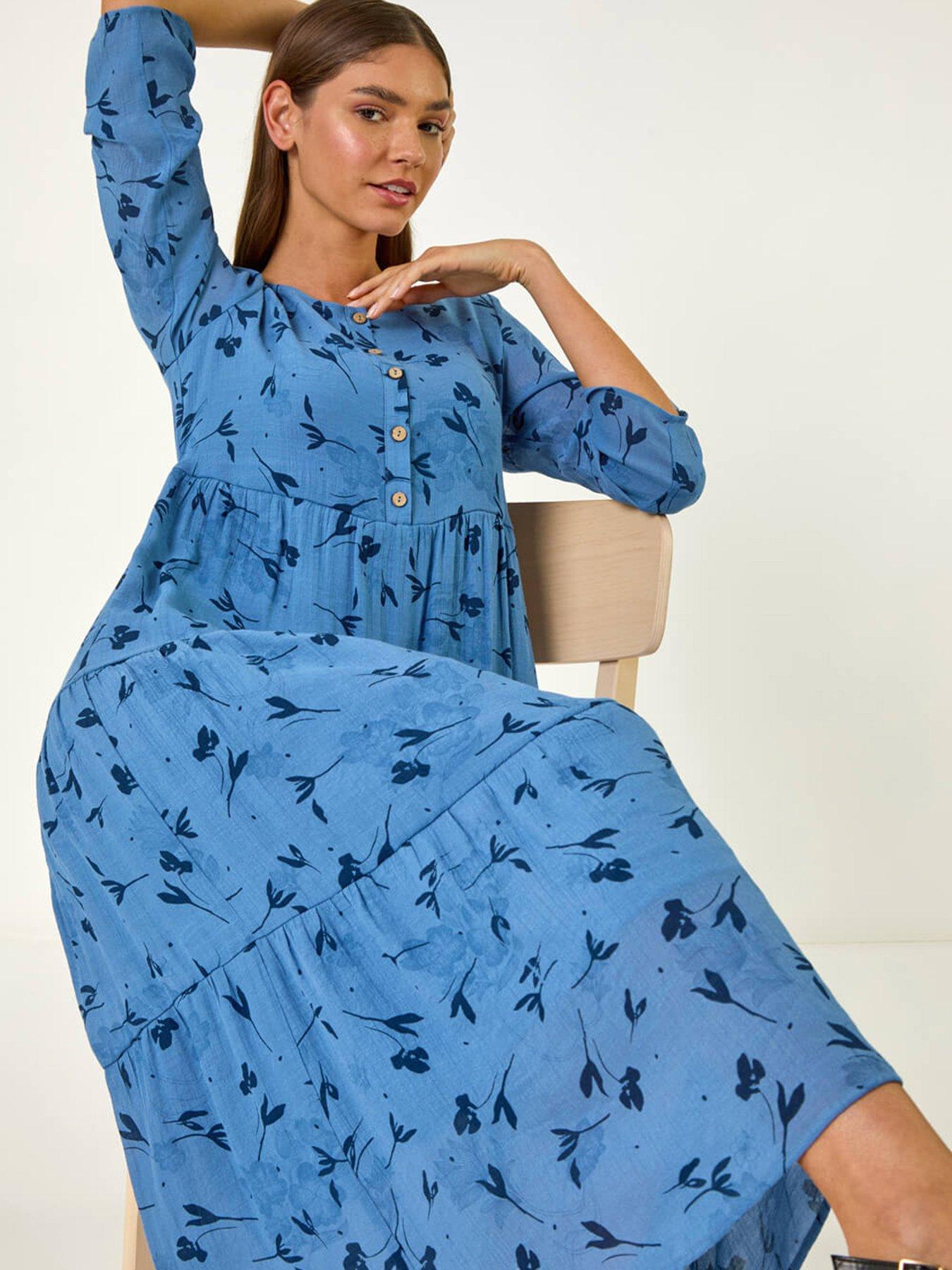 Image 3 of 5 of Roman Floral Print Button Midi Dress - Blue