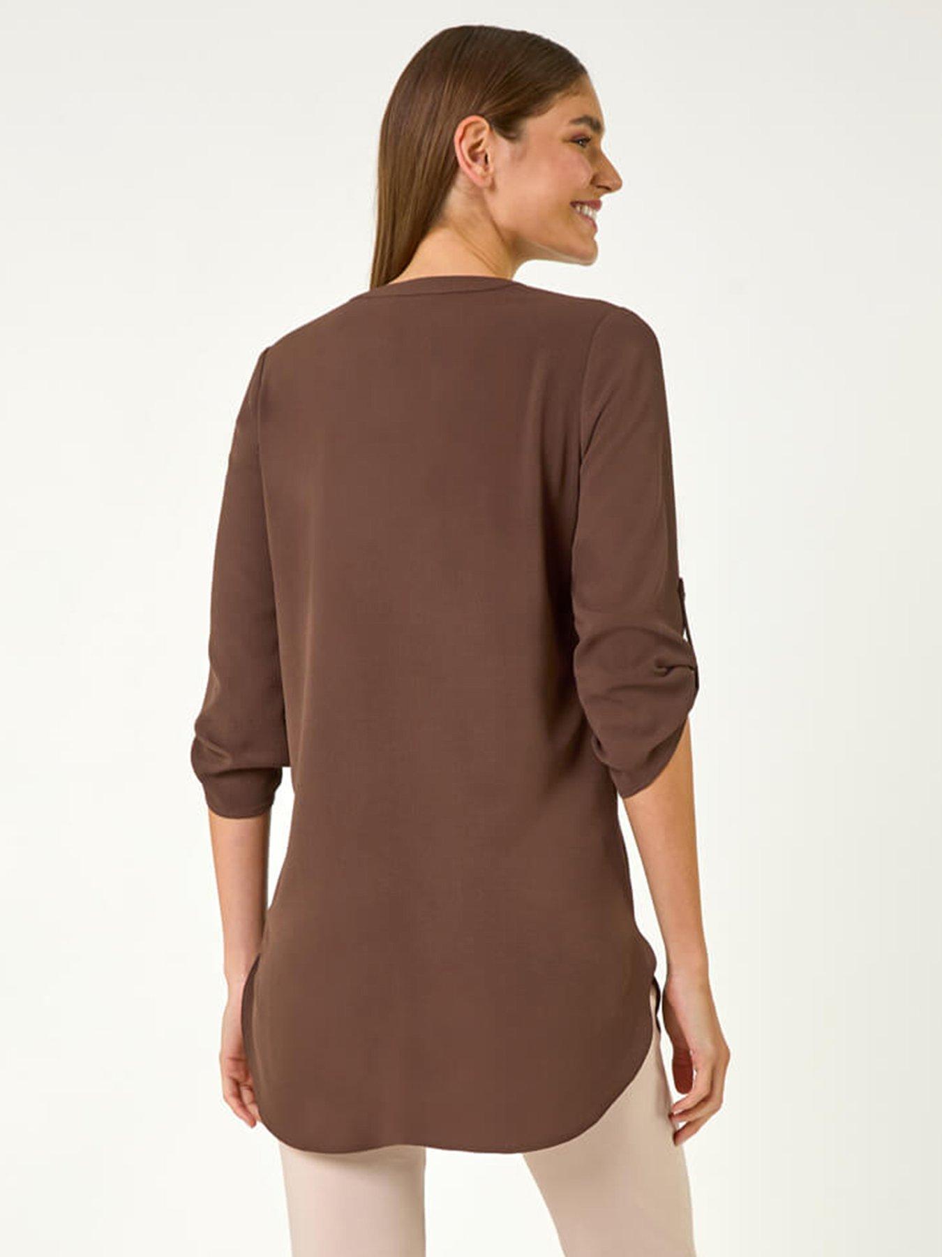  image of roman-button-detail-longline-blouse-brown