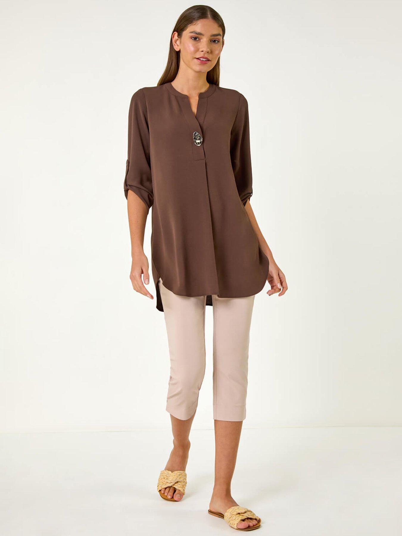  image of roman-button-detail-longline-blouse-brown