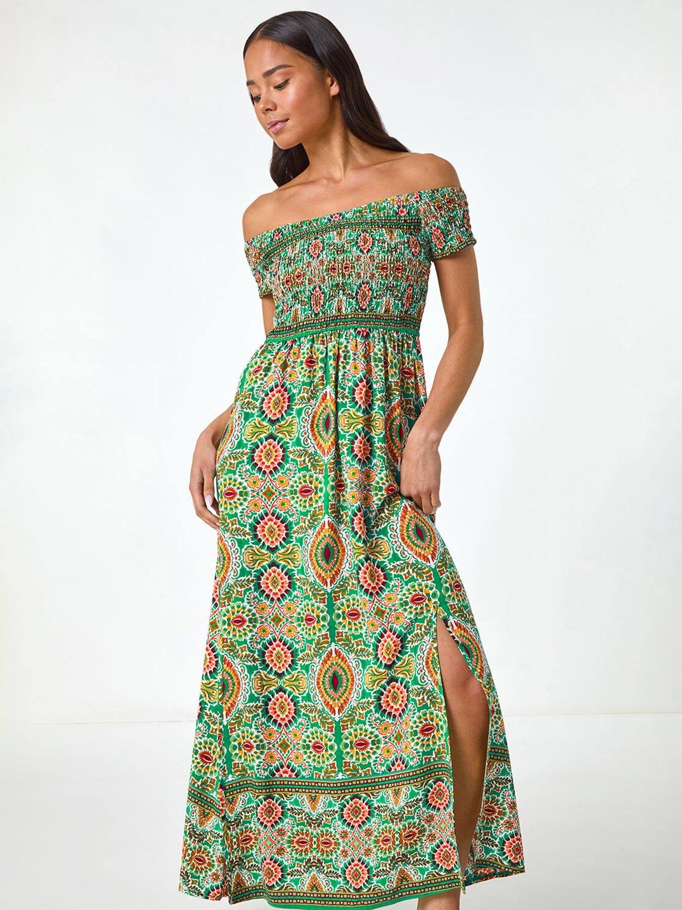  image of roman-petite-abstract-bardot-midi-dress-green