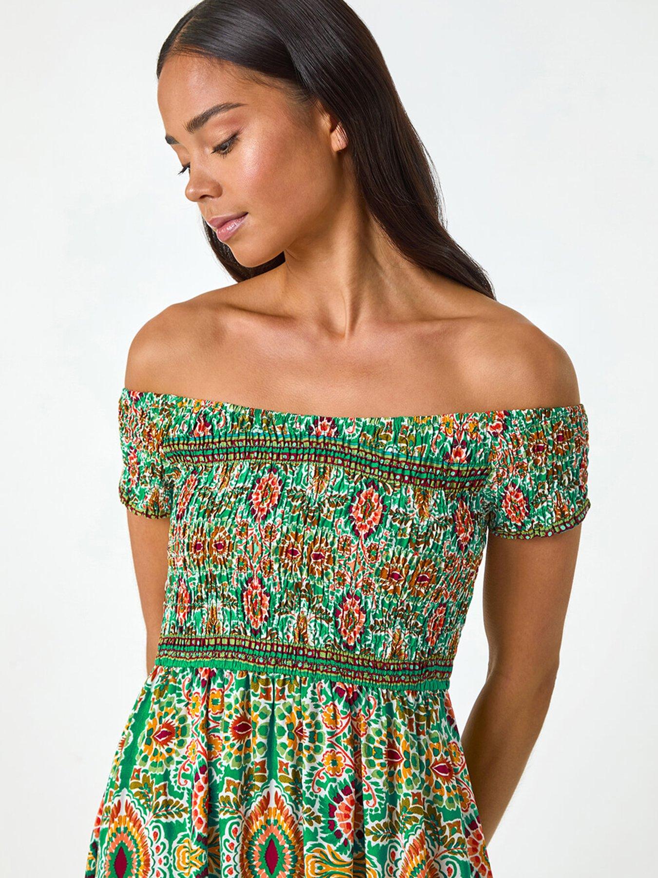  image of roman-petite-abstract-bardot-midi-dress-green