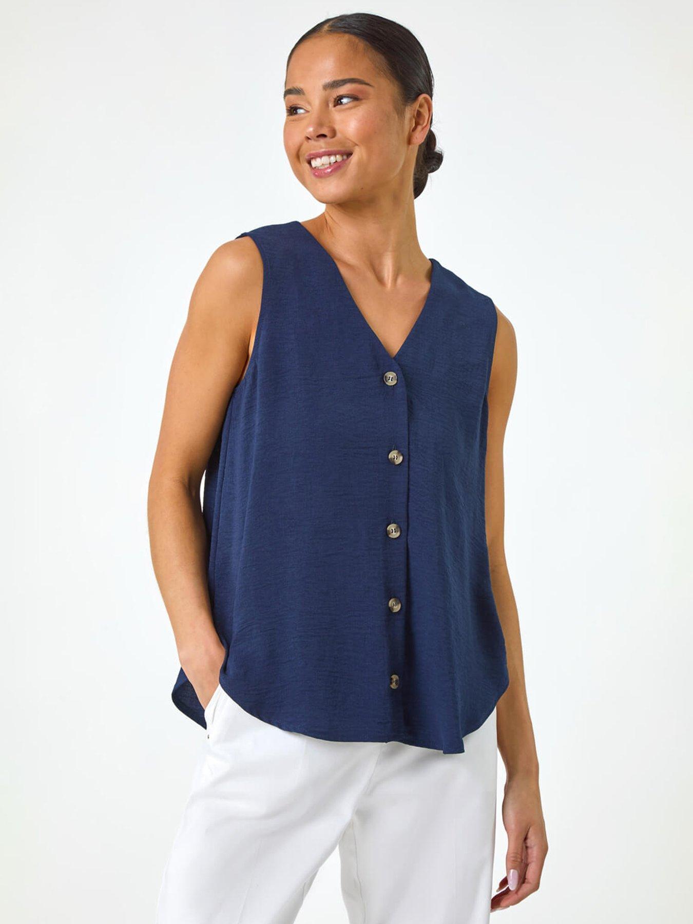 roman-petite-buttoned-sleeveless-blouse-navy
