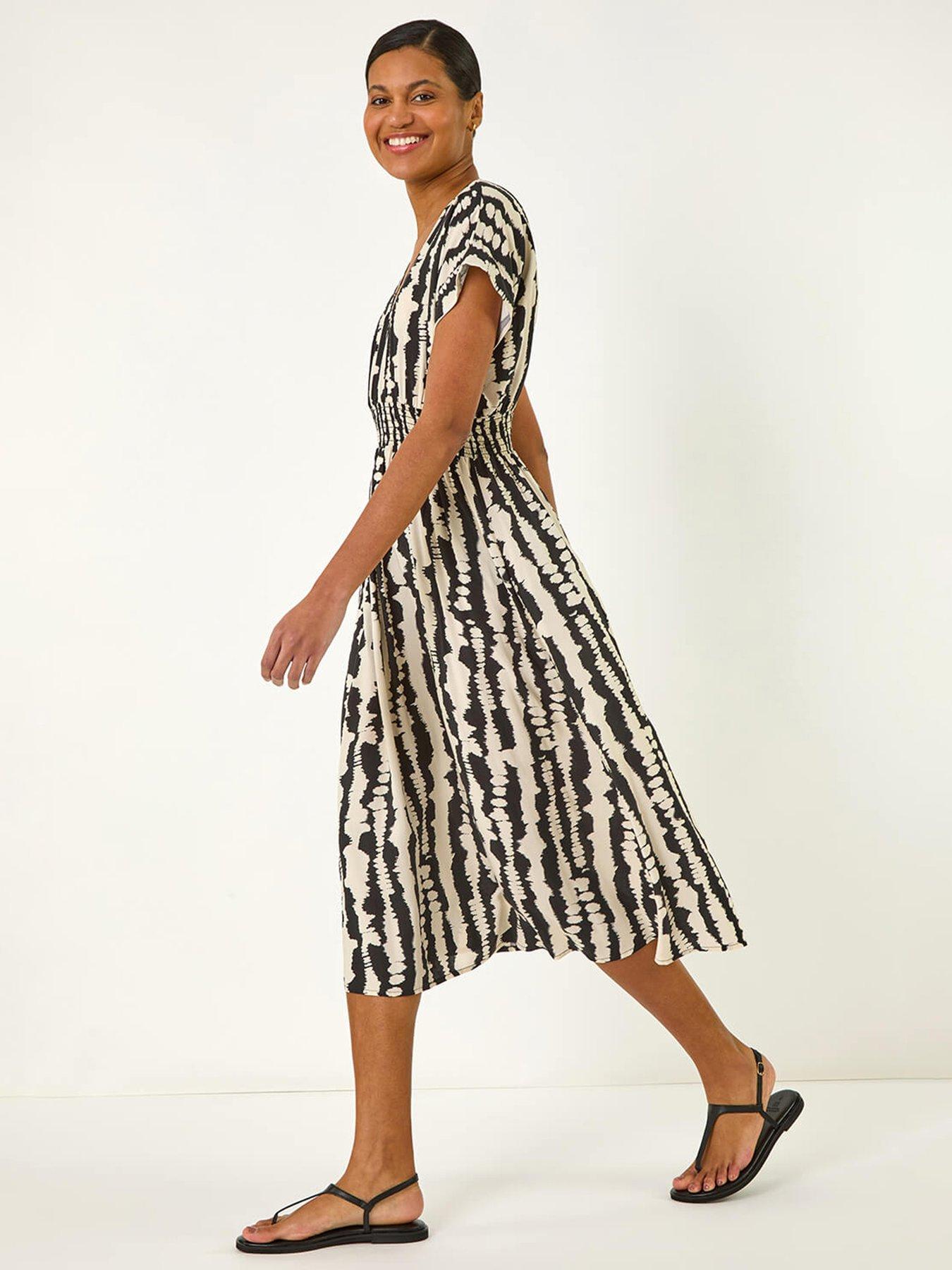  image of roman-abstract-print-shirred-midi-dress-black