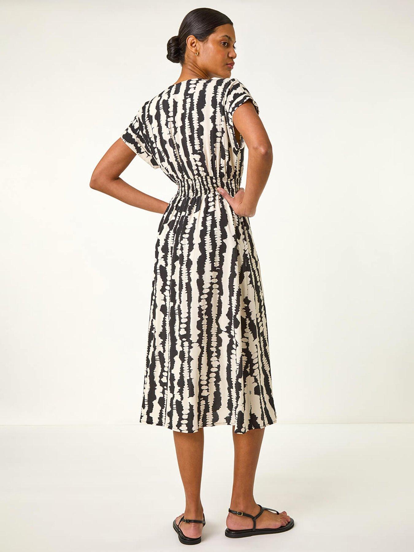  image of roman-abstract-print-shirred-midi-dress-black
