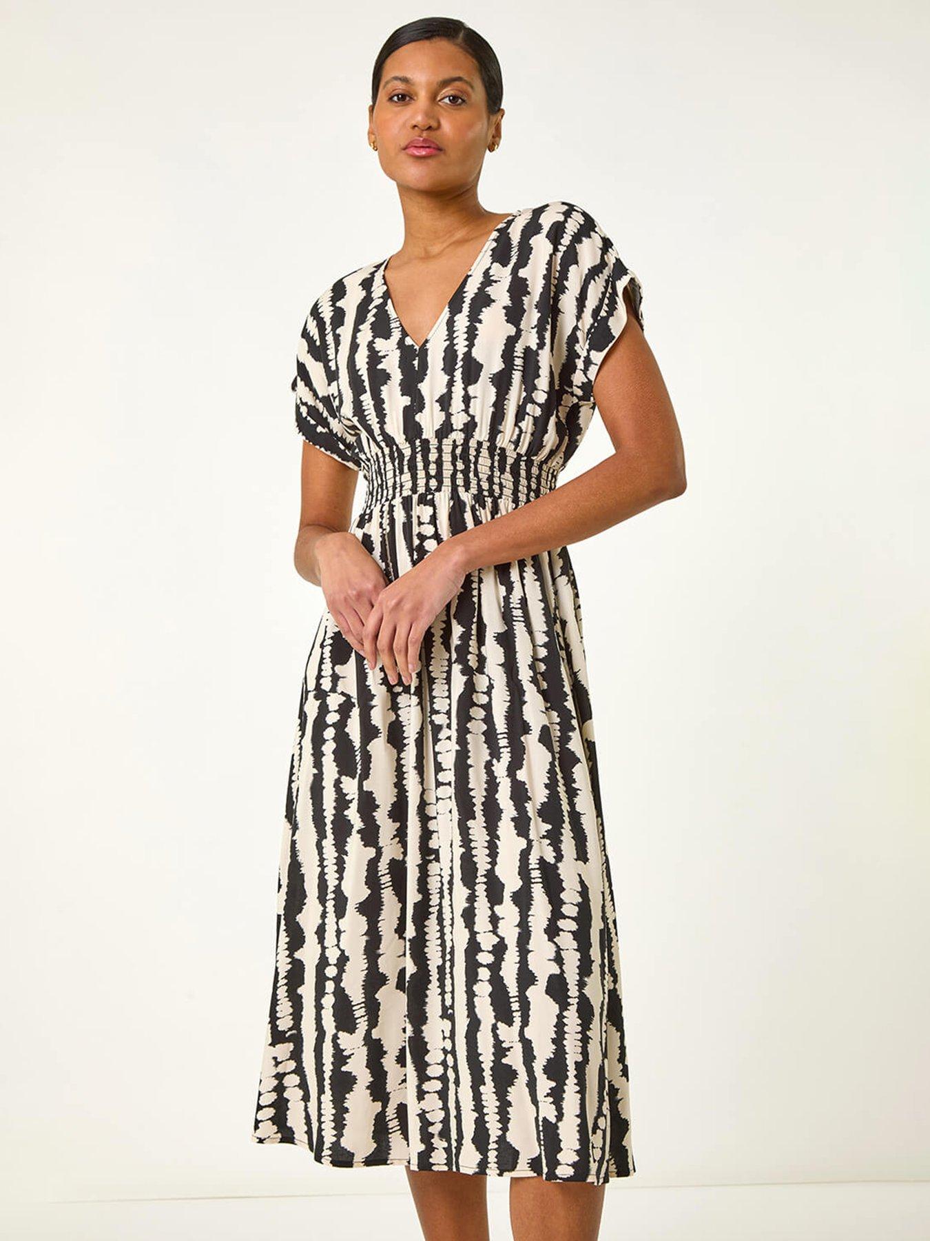  image of roman-abstract-print-shirred-midi-dress-black