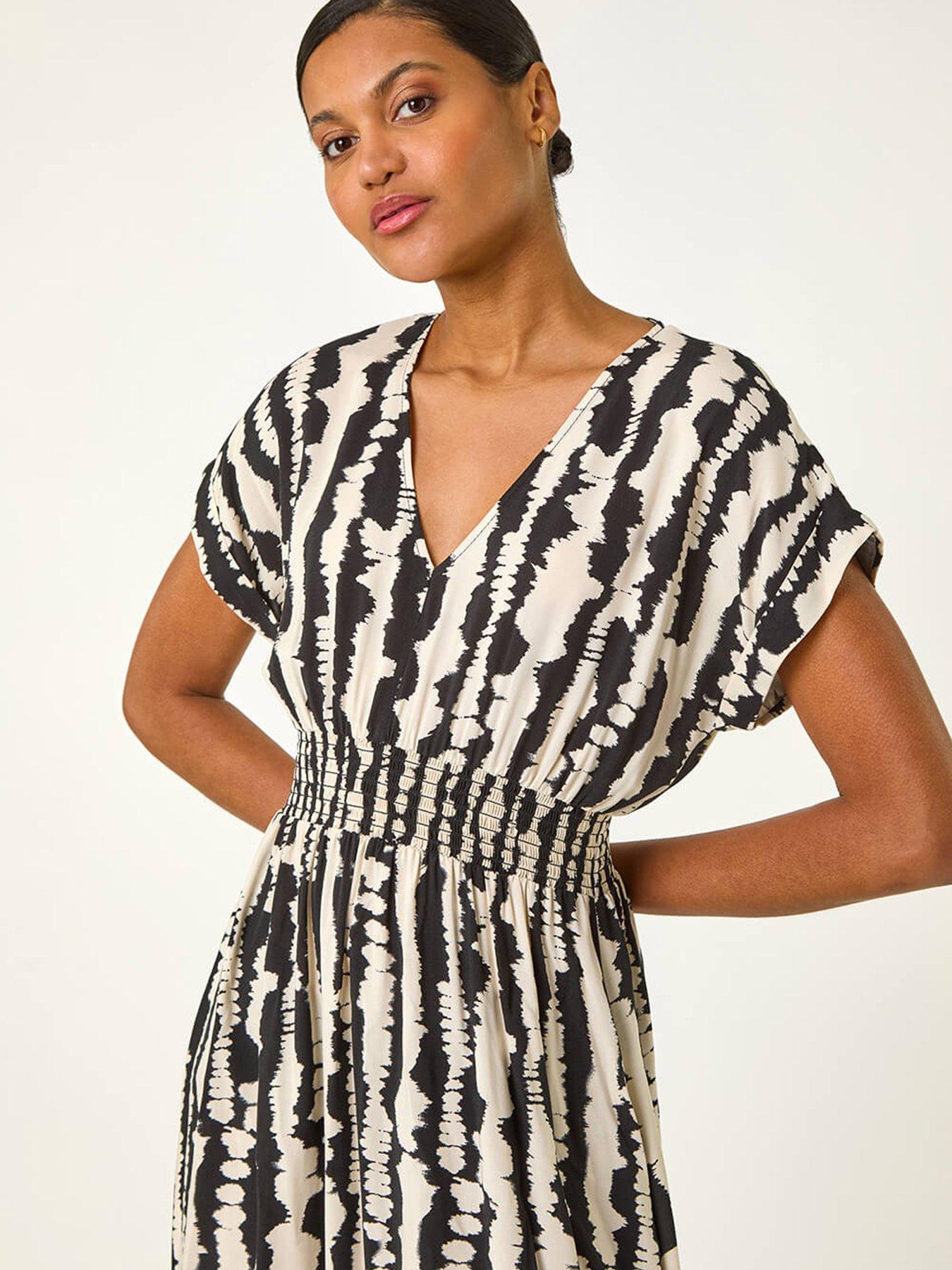  image of roman-abstract-print-shirred-midi-dress-black