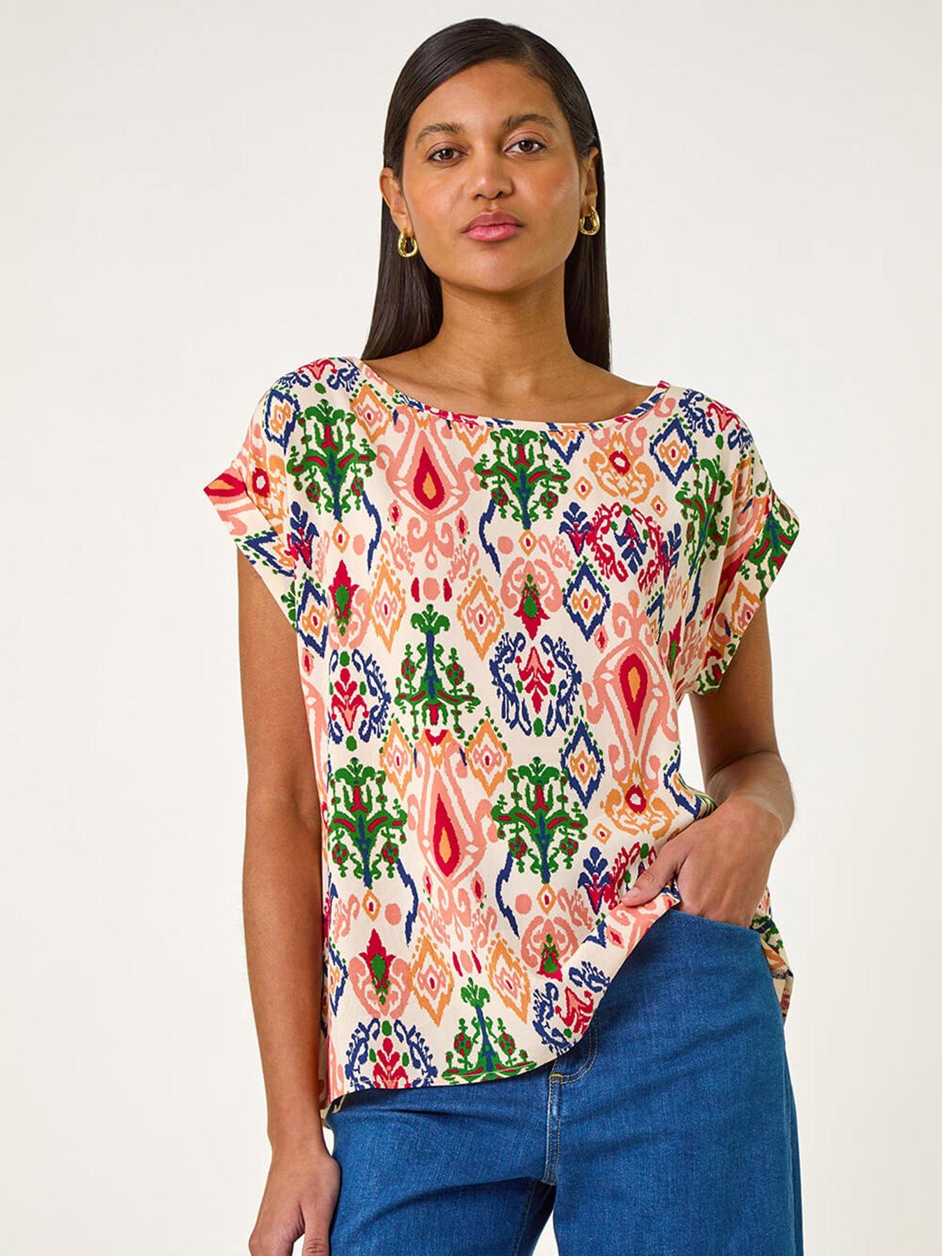  image of roman-abstract-print-cuff-sleeve-top-pink