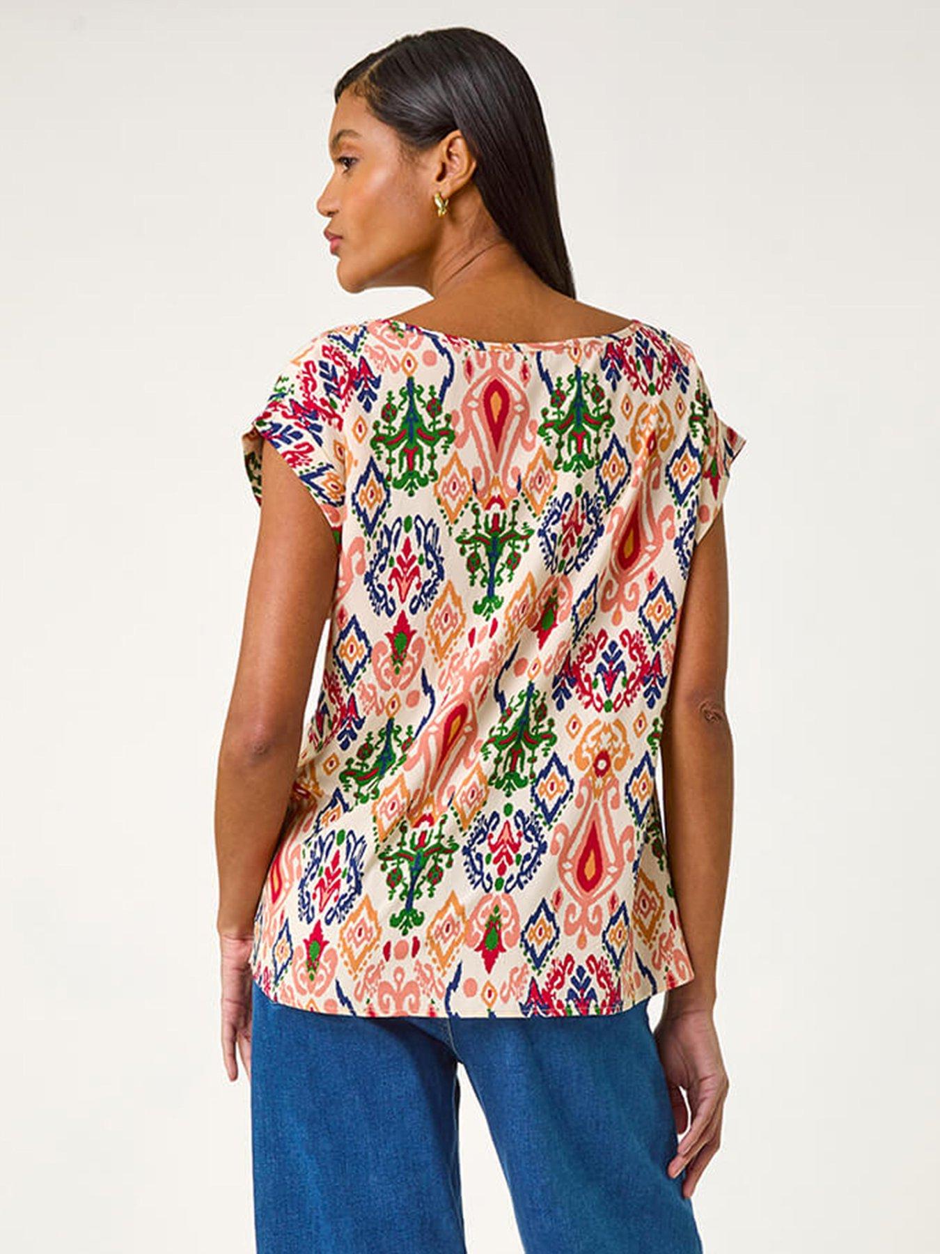  image of roman-abstract-print-cuff-sleeve-top-pink