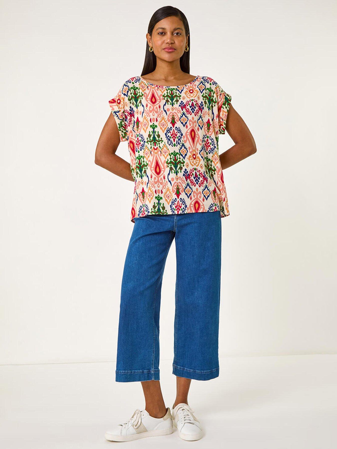  image of roman-abstract-print-cuff-sleeve-top-pink