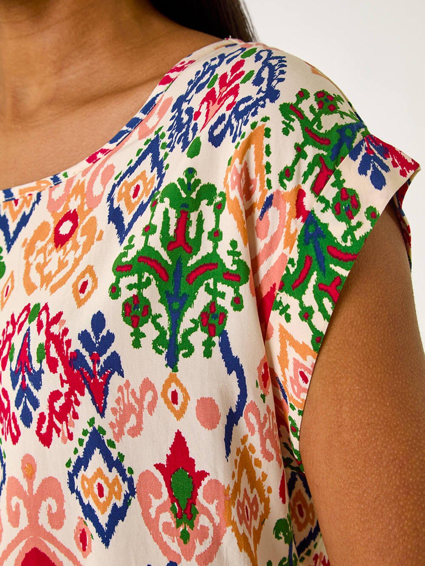  image of roman-abstract-print-cuff-sleeve-top-pink