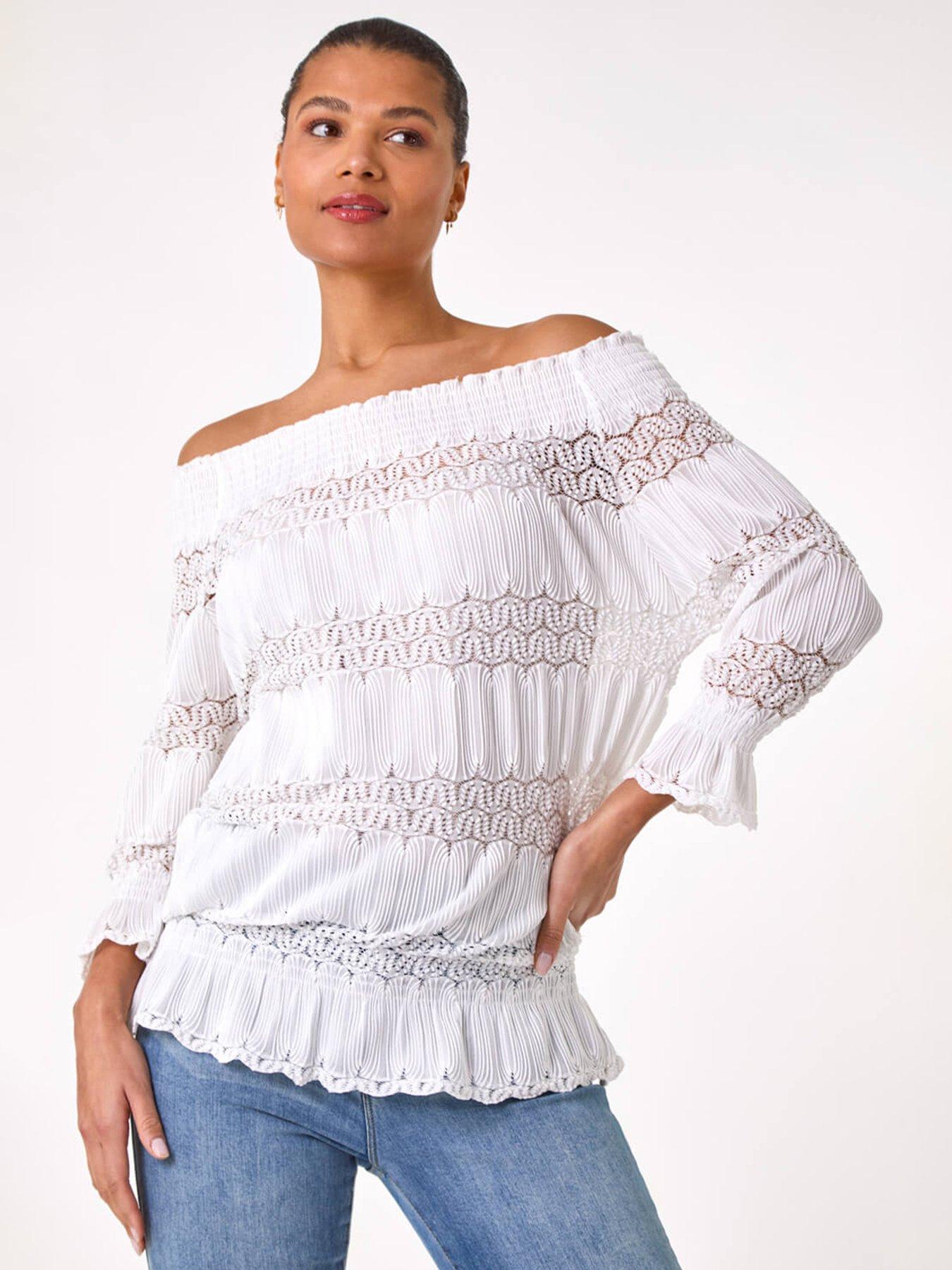 undefined Lace Insert Frill Bardot Top - Cream