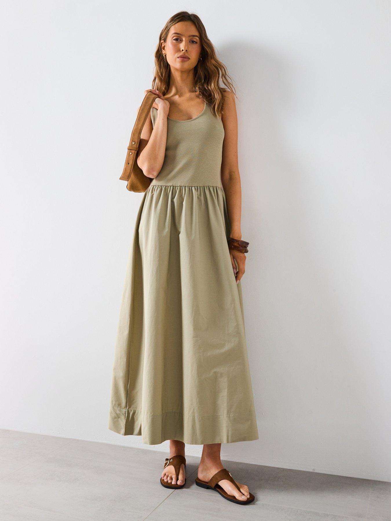 Mango Flared Dress In Combined Fabric - Khaki | Littlewoods