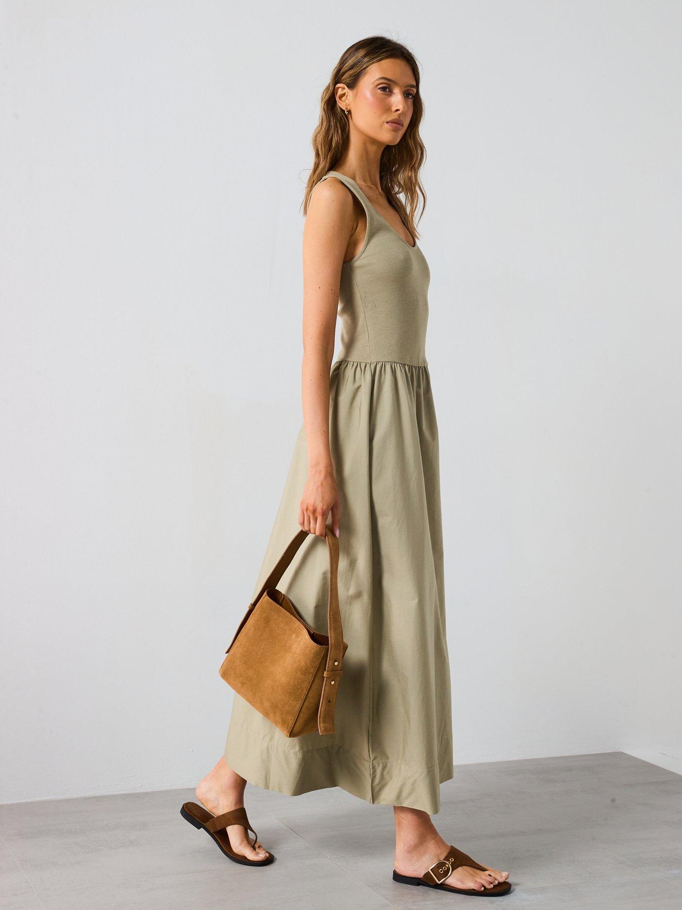 Mango Flared Dress In Combined Fabric - Khaki | Littlewoods