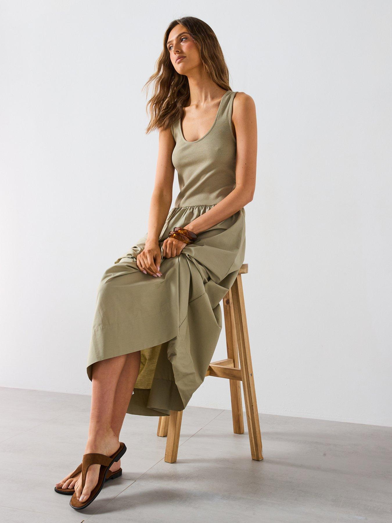 Mango Flared Dress In Combined Fabric - Khaki | Littlewoods