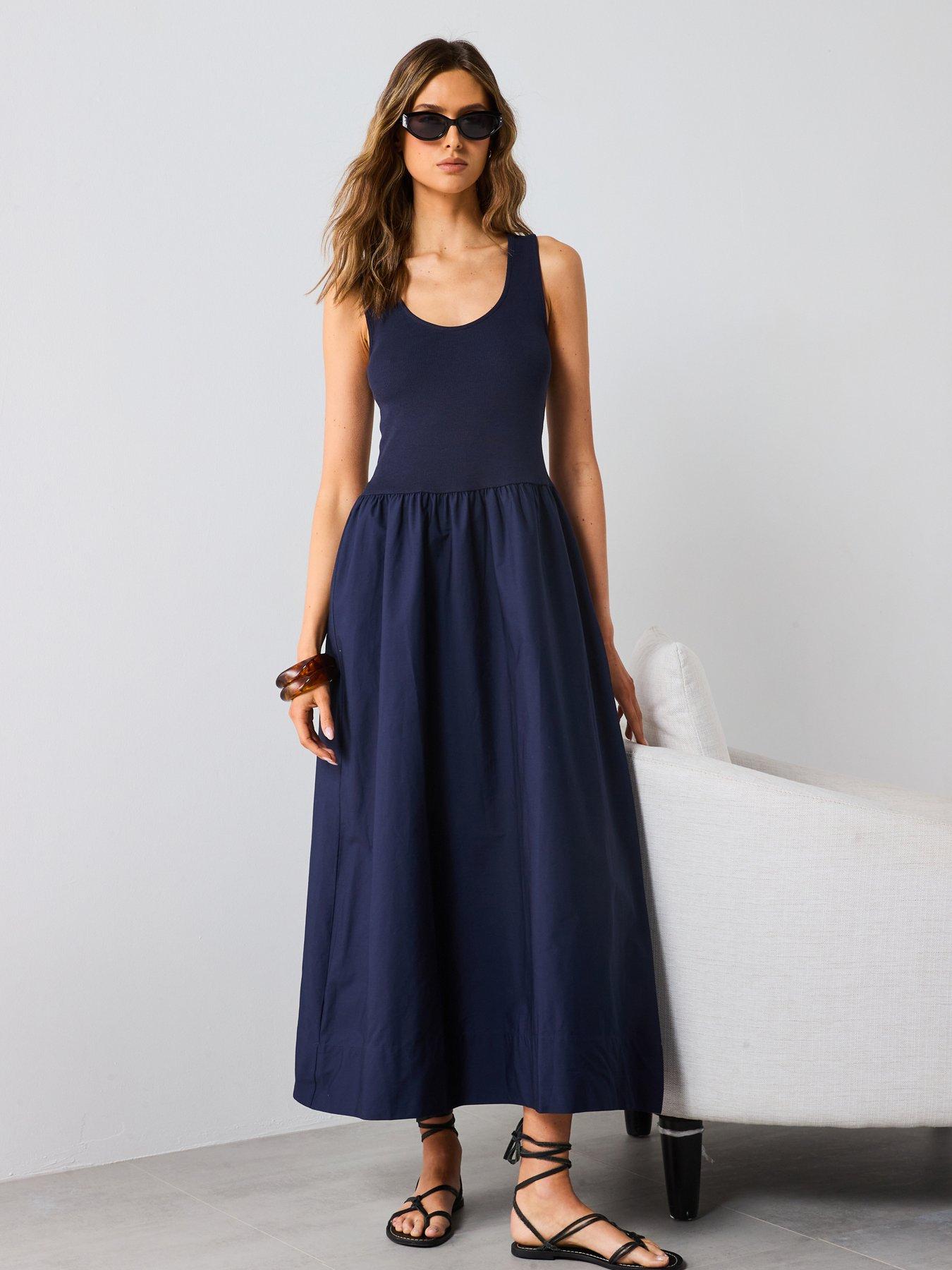 Mango Flared Dress In Combined Fabric - Navy | Littlewoods