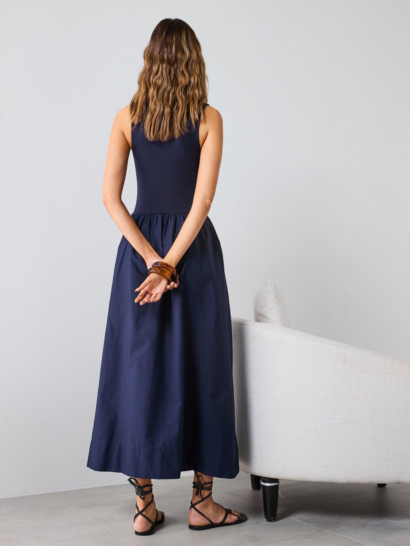 Mango Flared Dress In Combined Fabric - Navy | Littlewoods