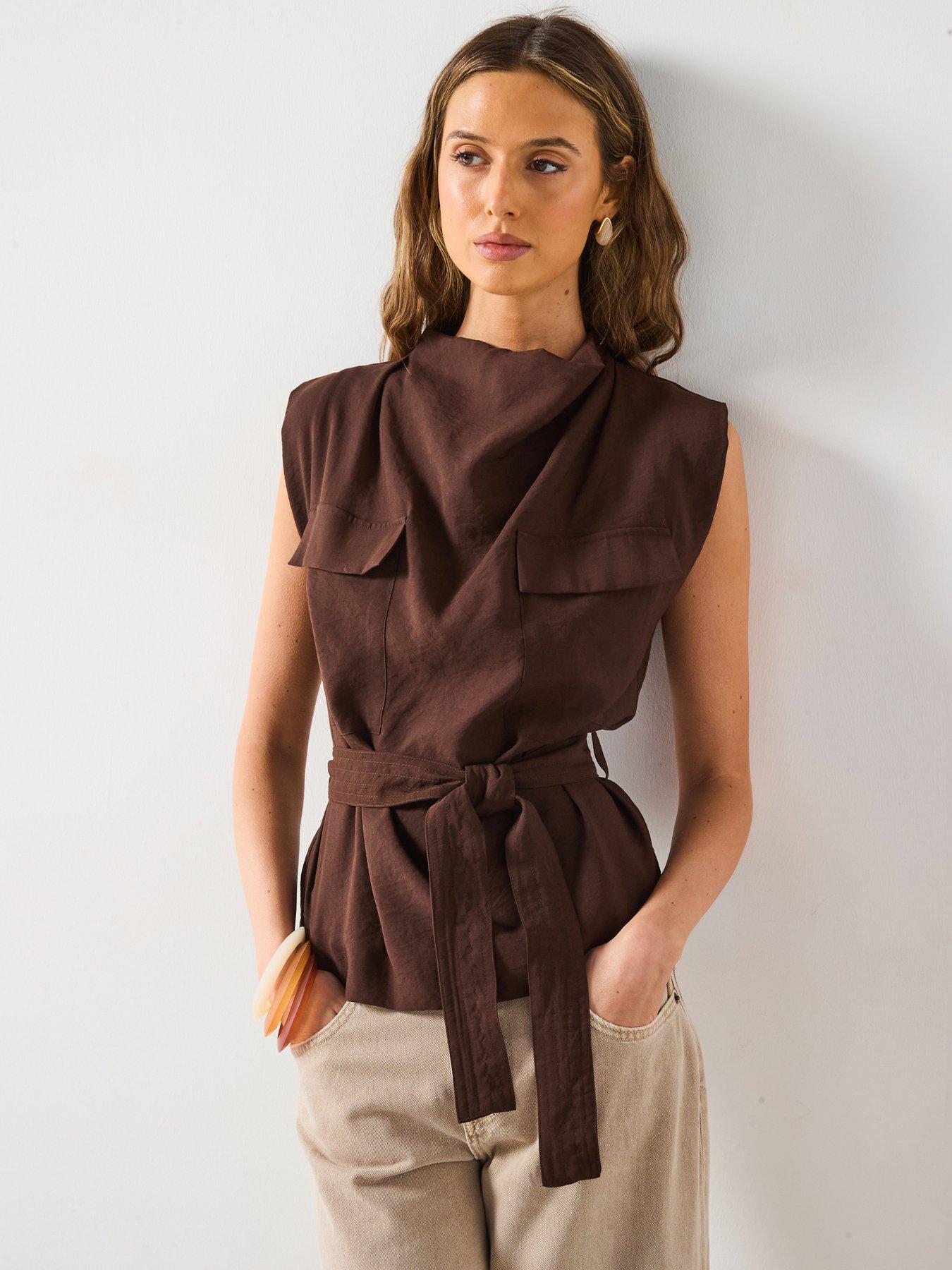 Mango Draped Neck Blouse With Belt - Brown