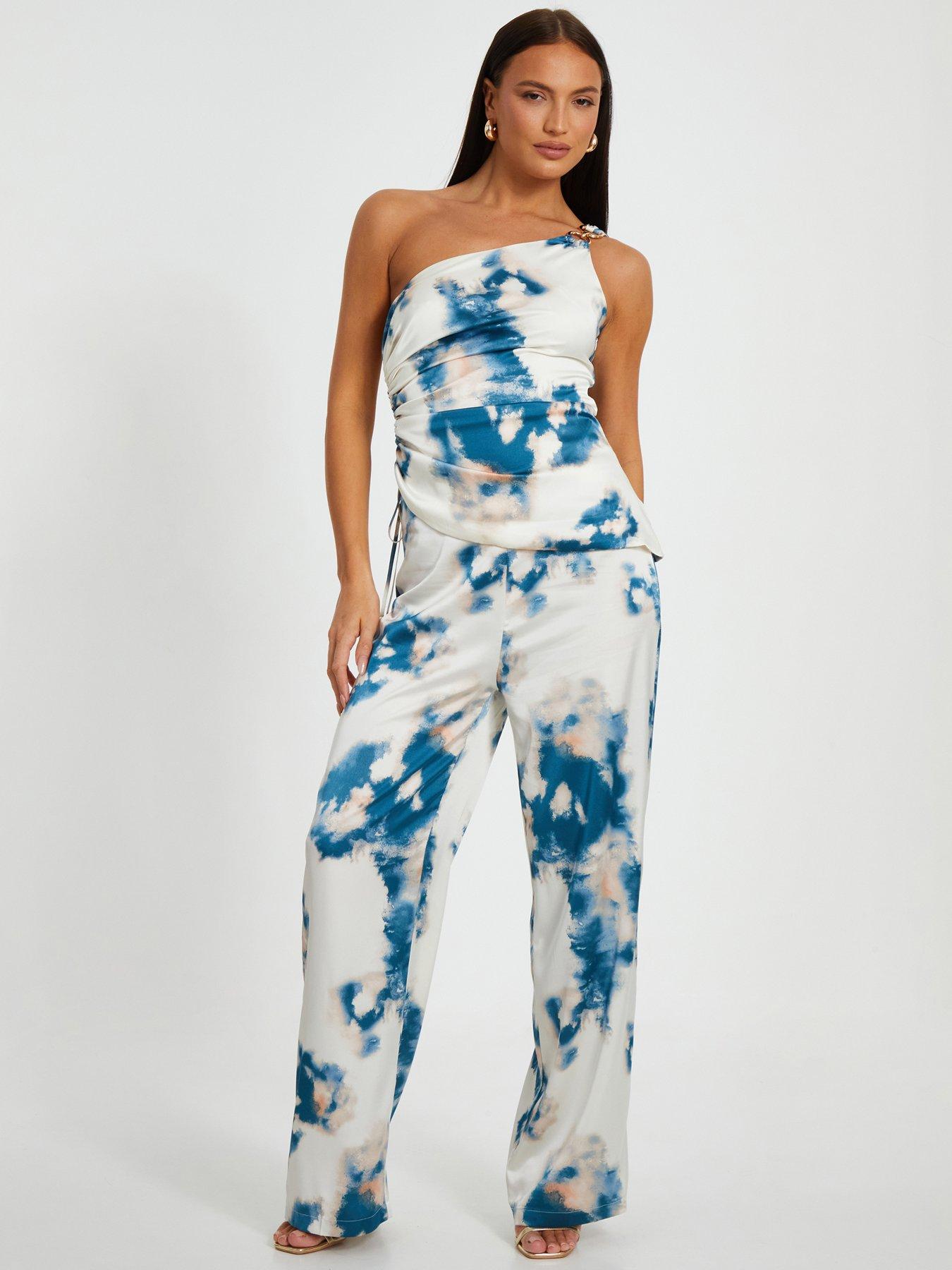 undefined Blue Satin Marble Print Trousers