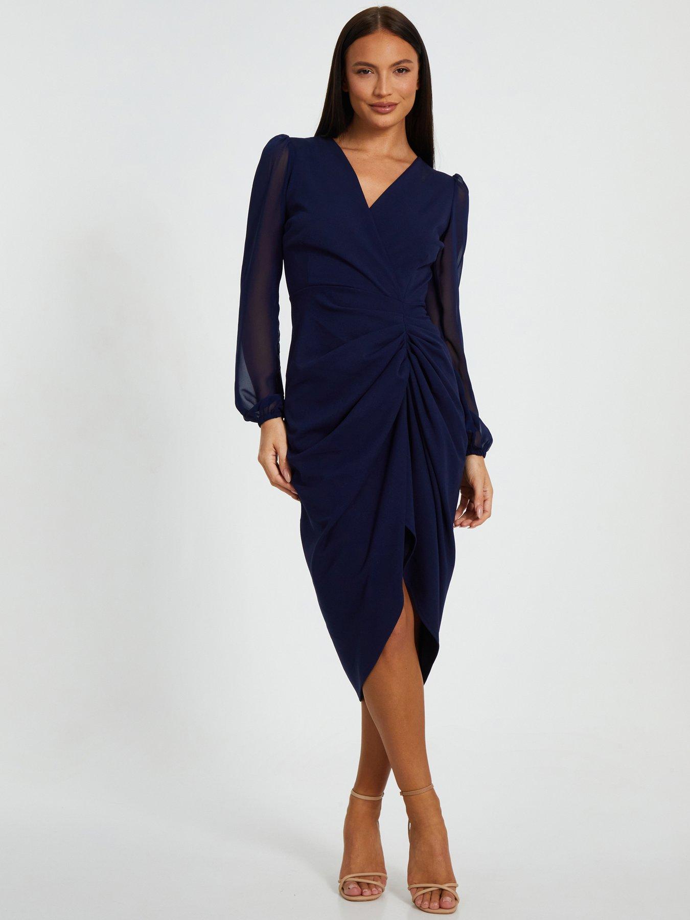 undefined Navy Front Wrap Ruched Midi Dress