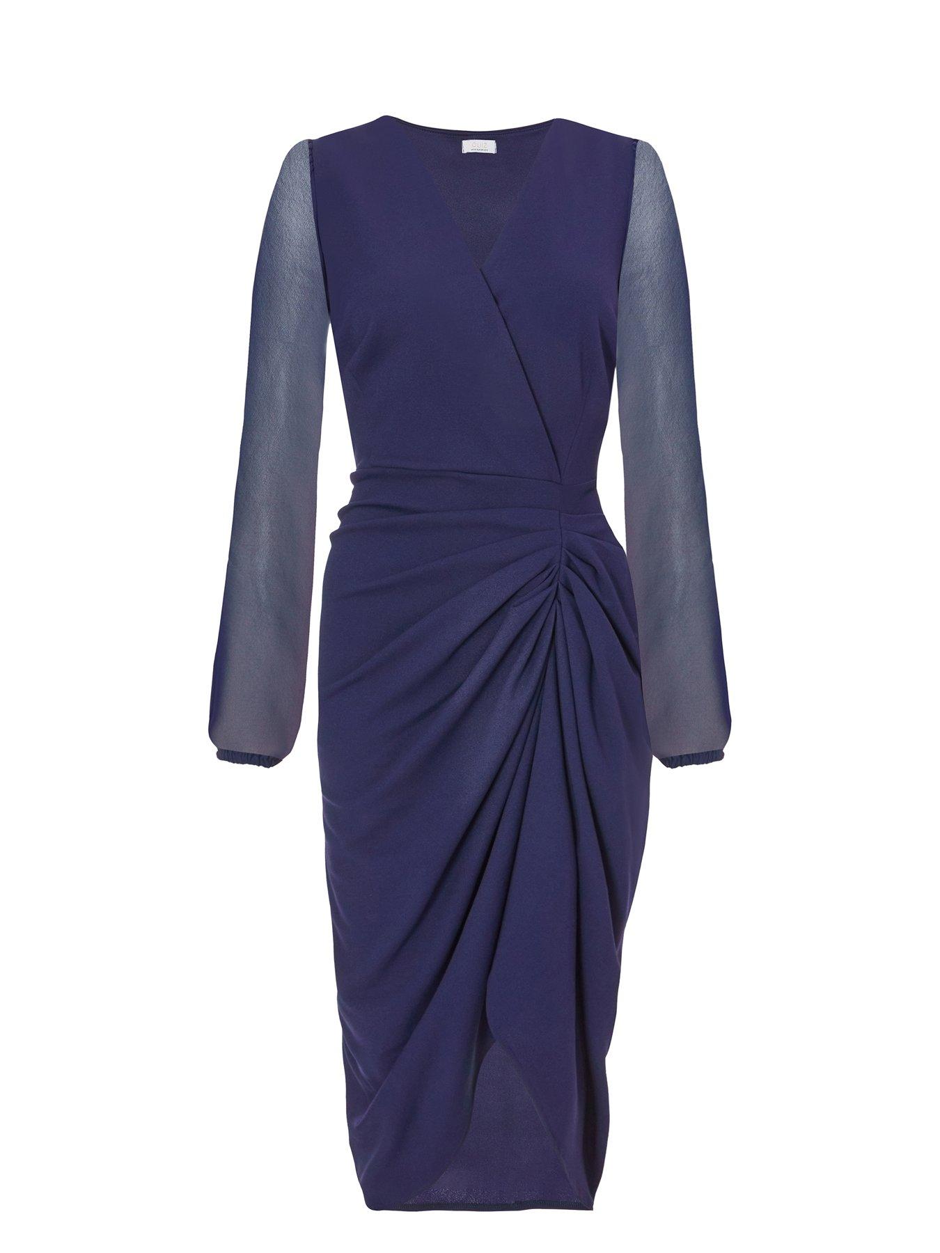  image of quiz-navy-front-wrap-ruched-midi-dress