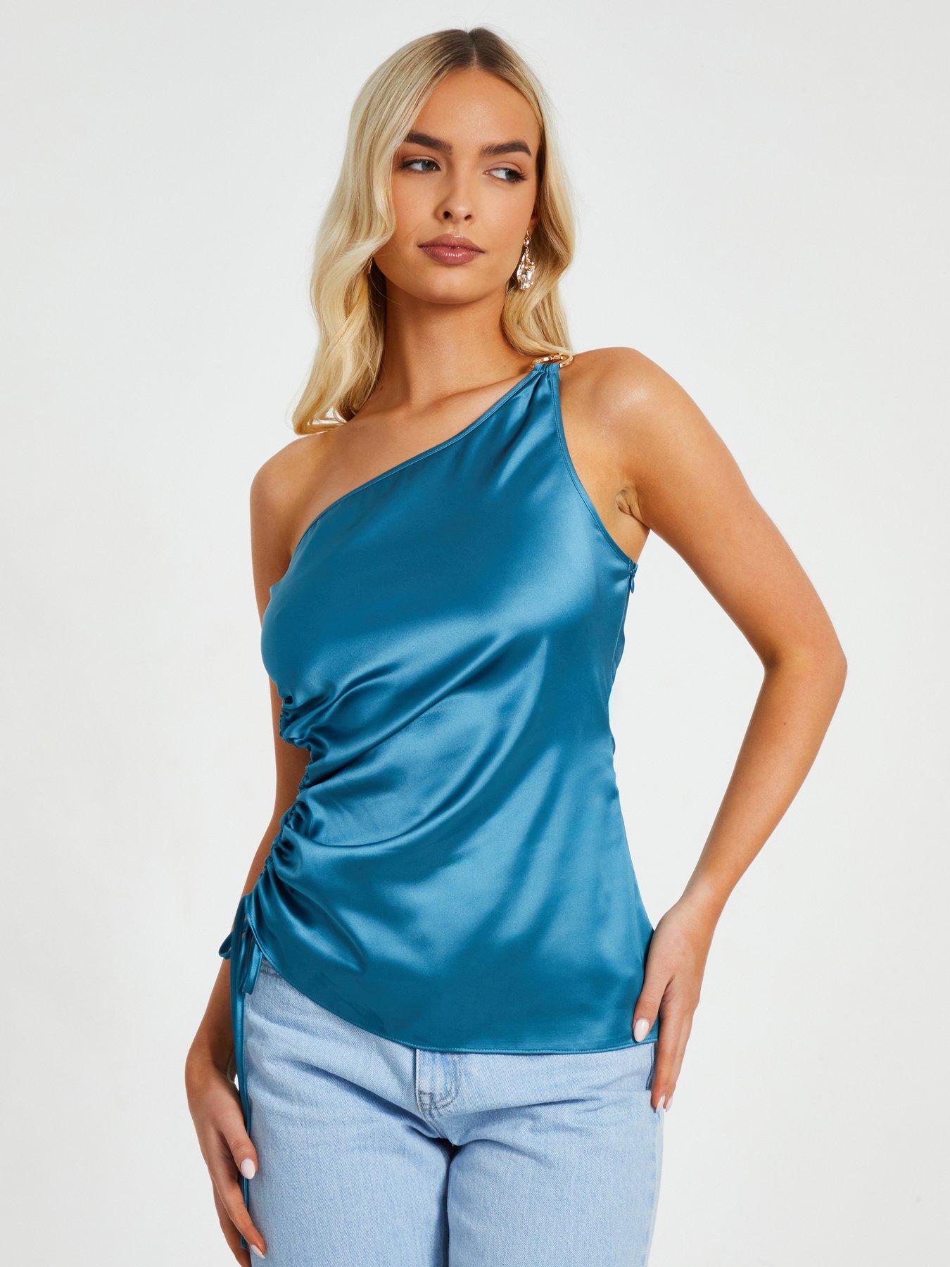  image of quiz-teal-satin-one-shoulder-ruched-top
