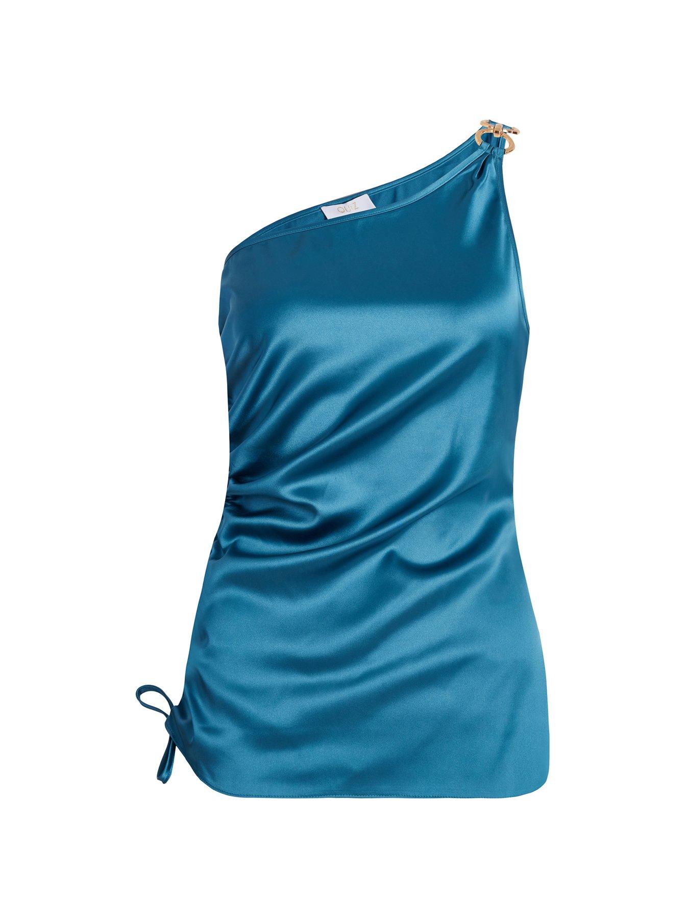  image of quiz-teal-satin-one-shoulder-ruched-top