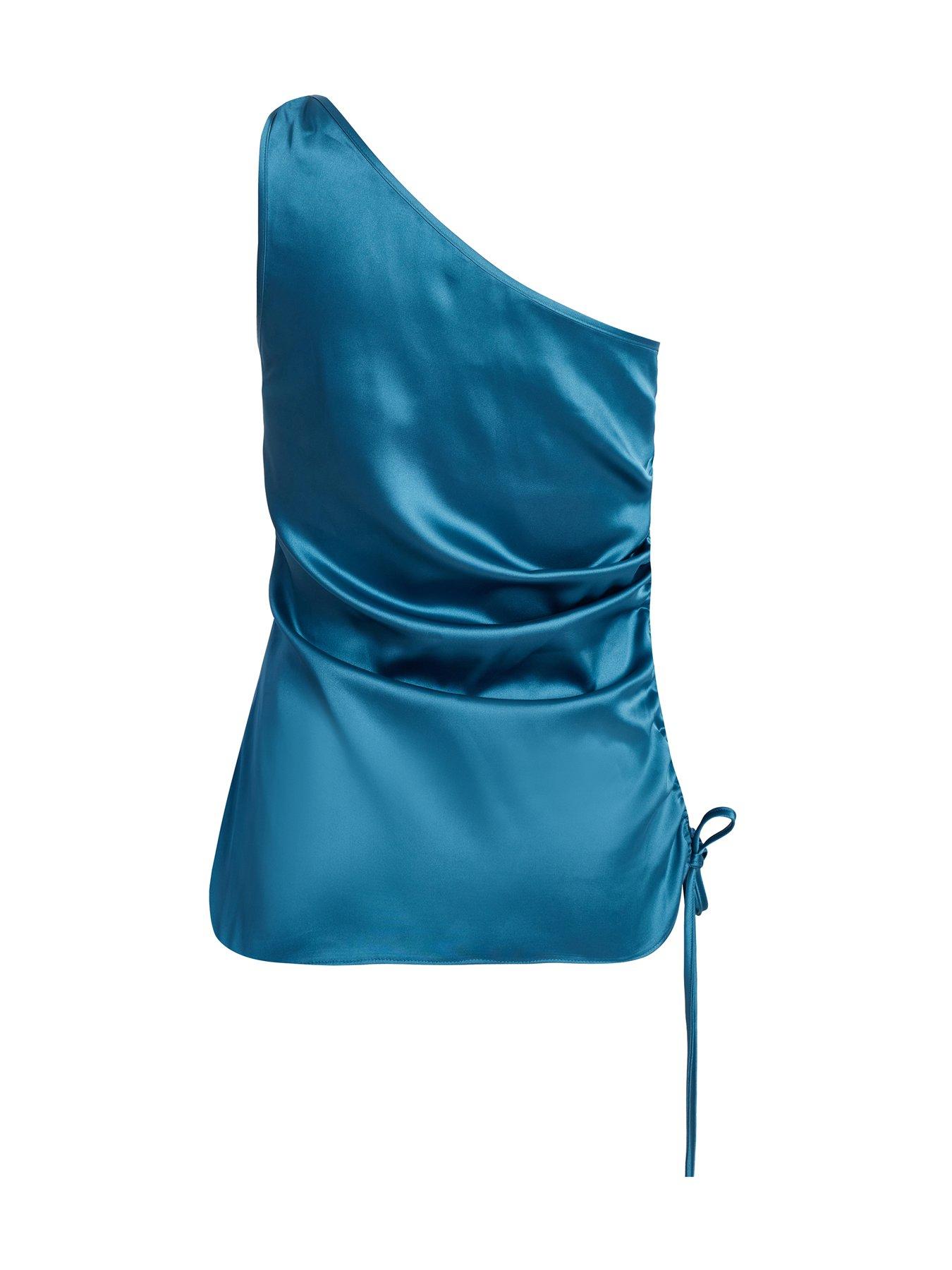  image of quiz-teal-satin-one-shoulder-ruched-top