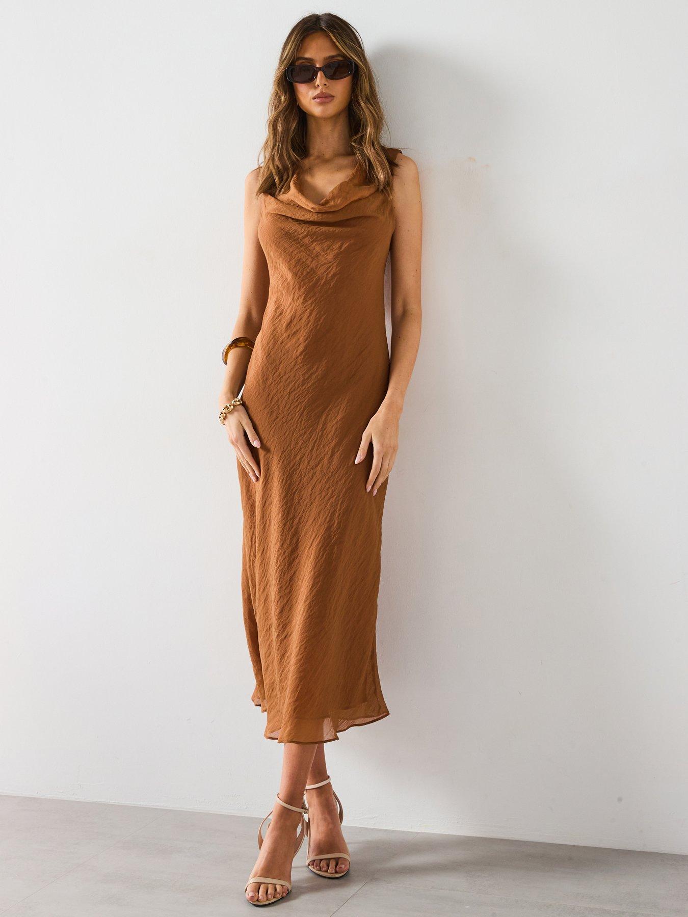  image of mango-draped-neck-lyocell-dress-brown