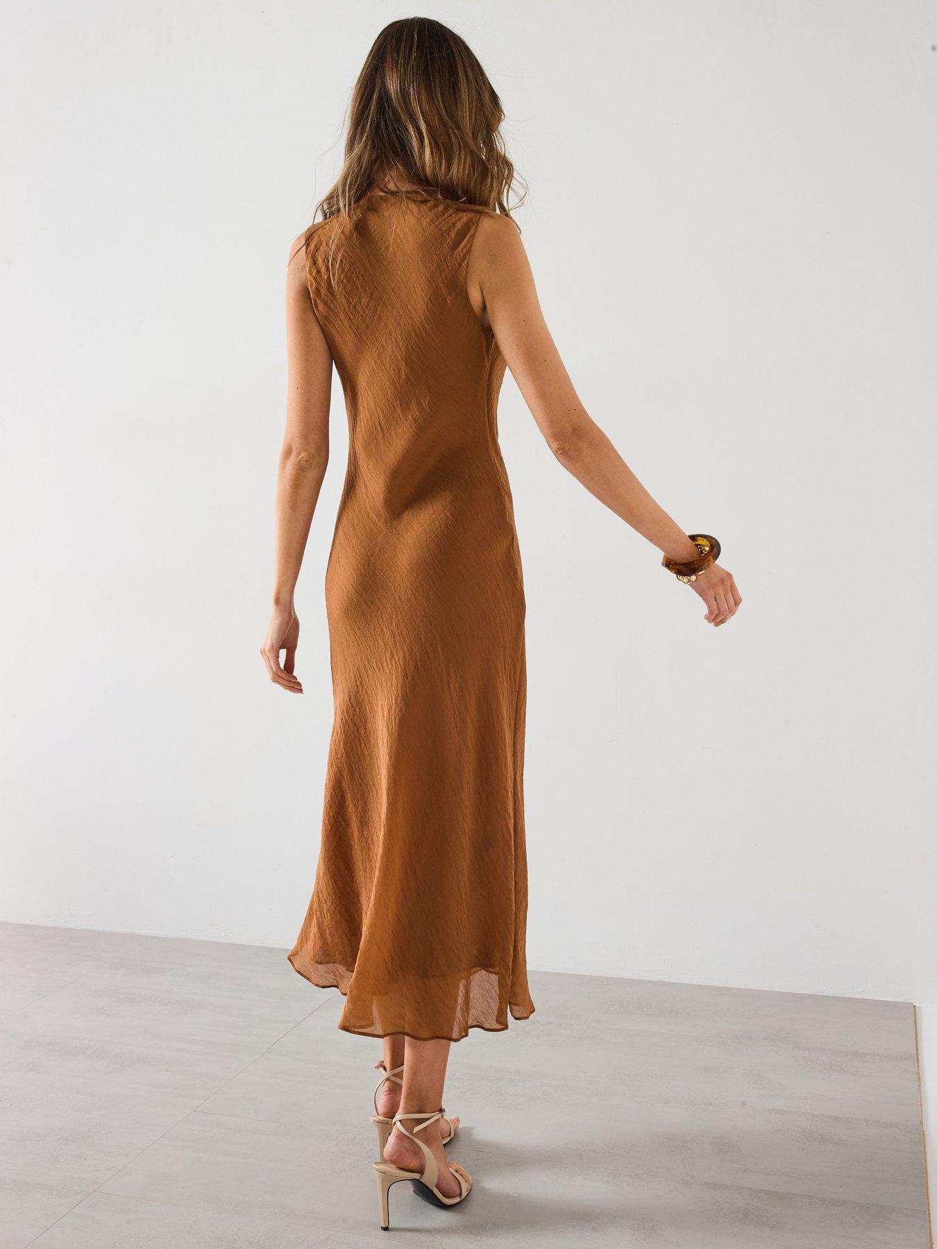  image of mango-draped-neck-lyocell-dress-brown