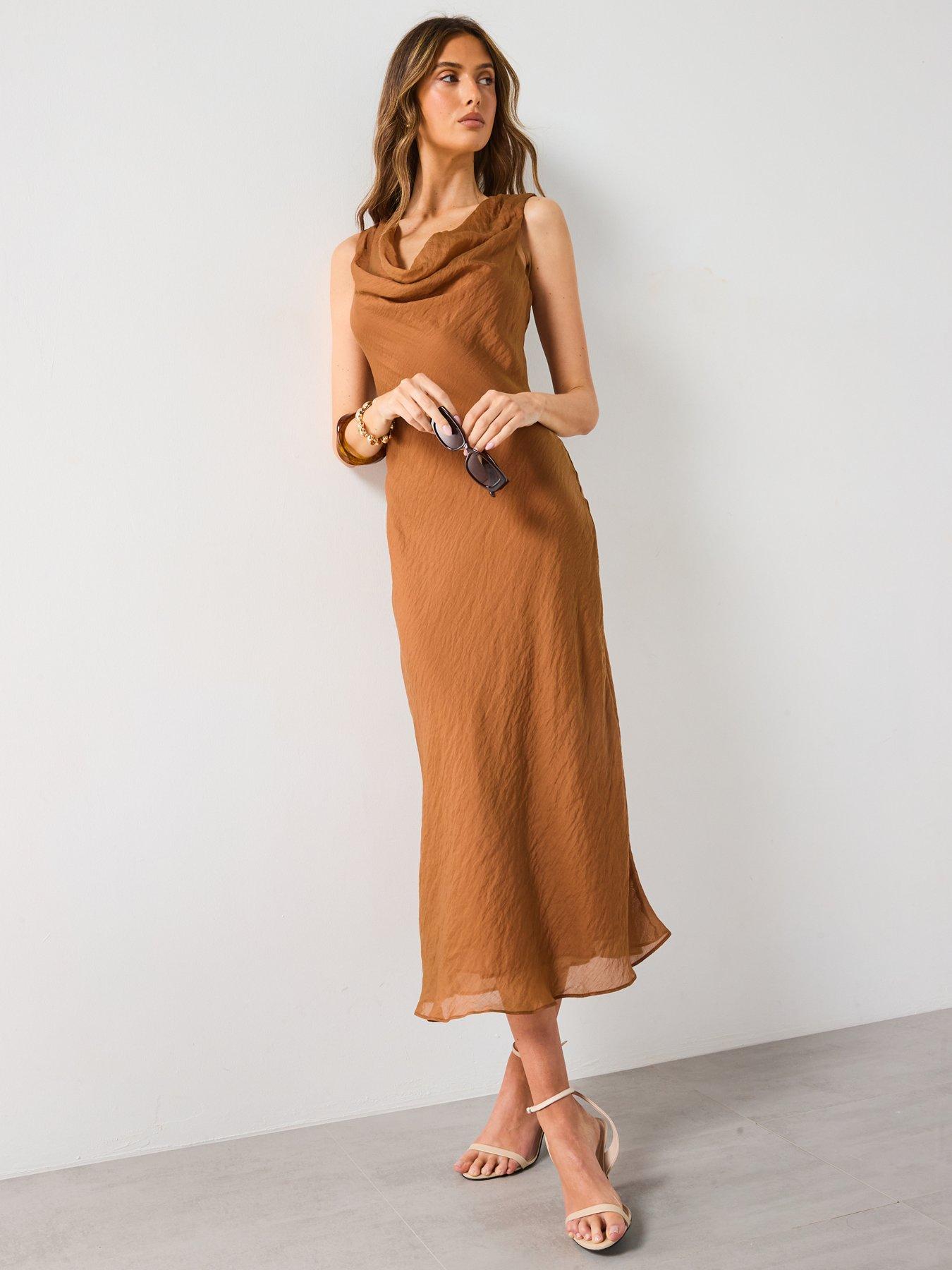  image of mango-draped-neck-lyocell-dress-brown