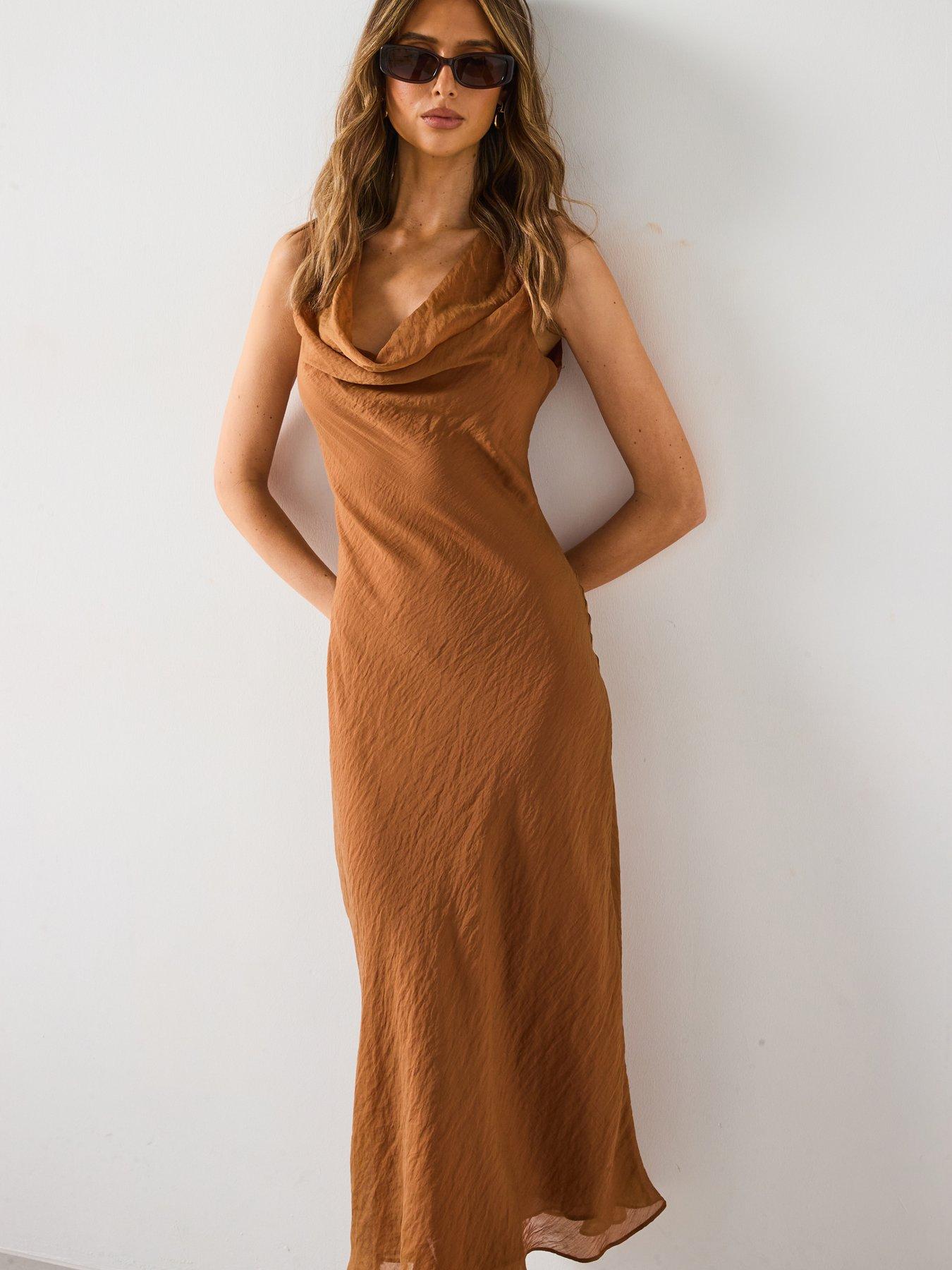  image of mango-draped-neck-lyocell-dress-brown