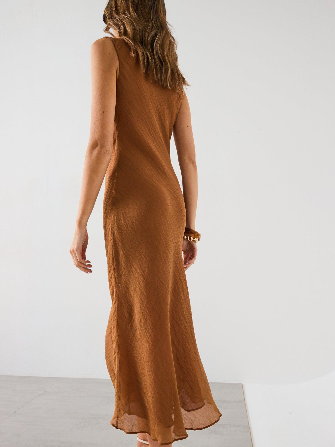  image of mango-draped-neck-lyocell-dress-brown