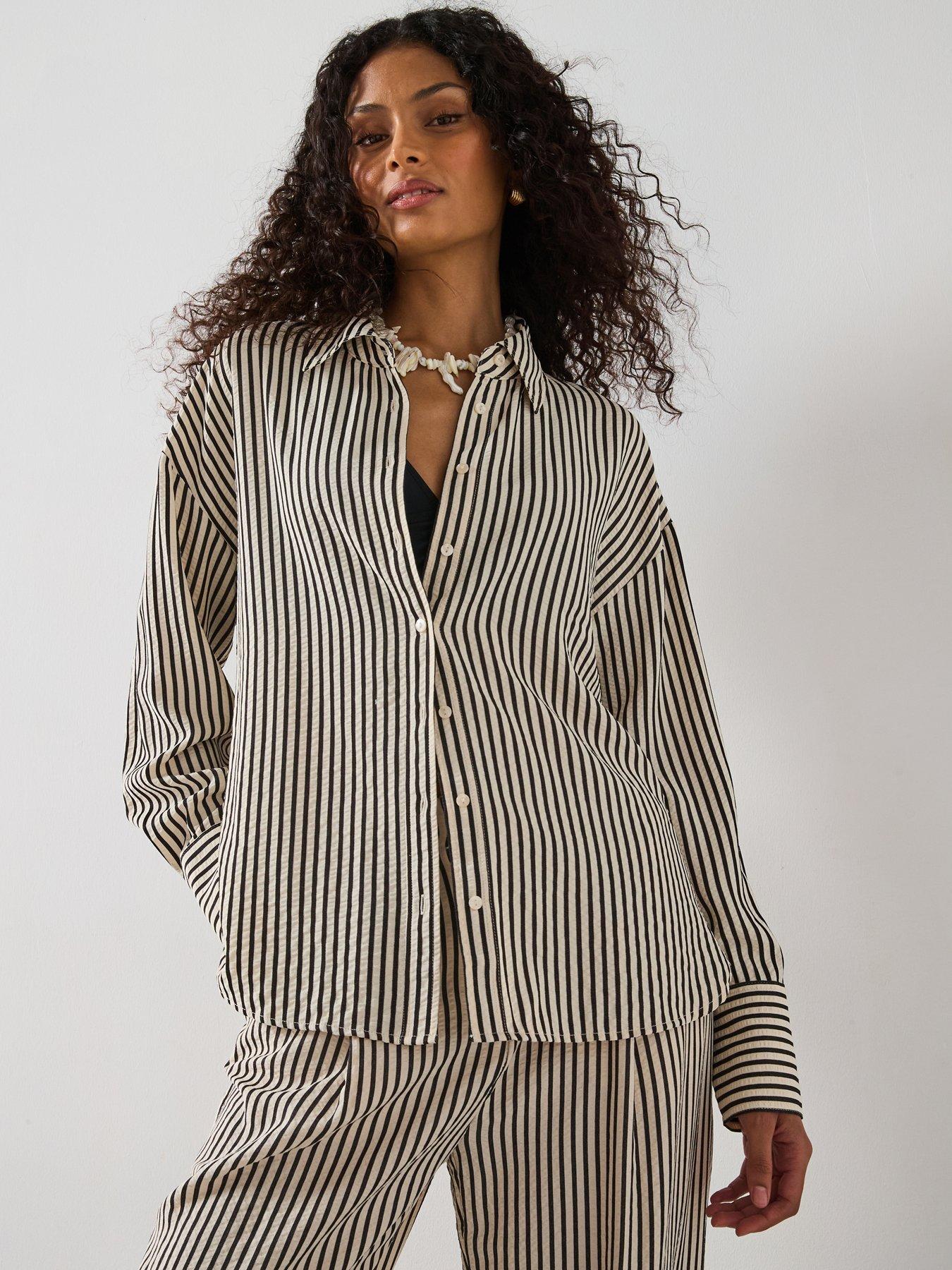 Image 1 of 6 of Mango Striped Textured Shirt - Cream