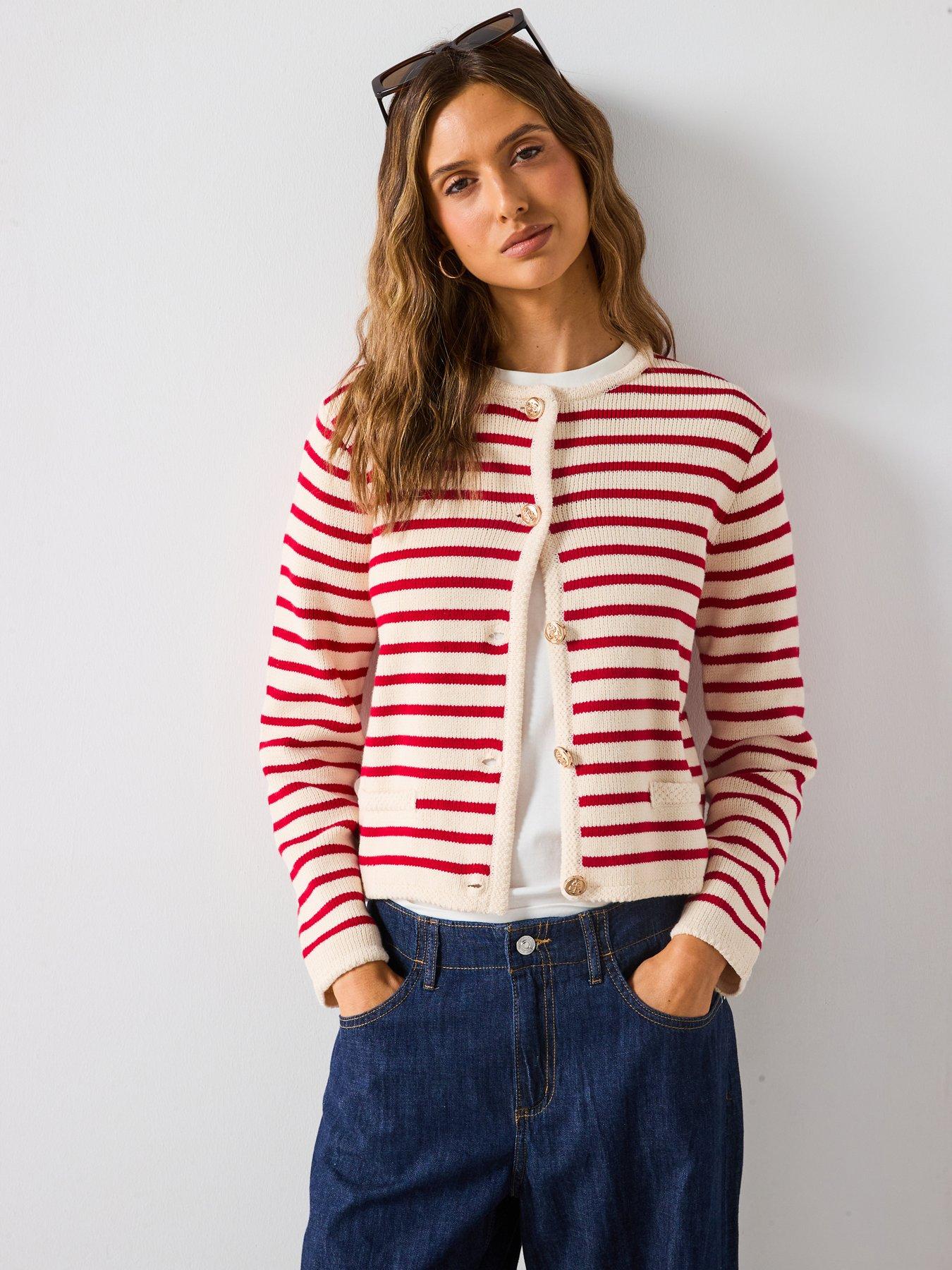 front image of mango-stripped-knit-cardigan-red