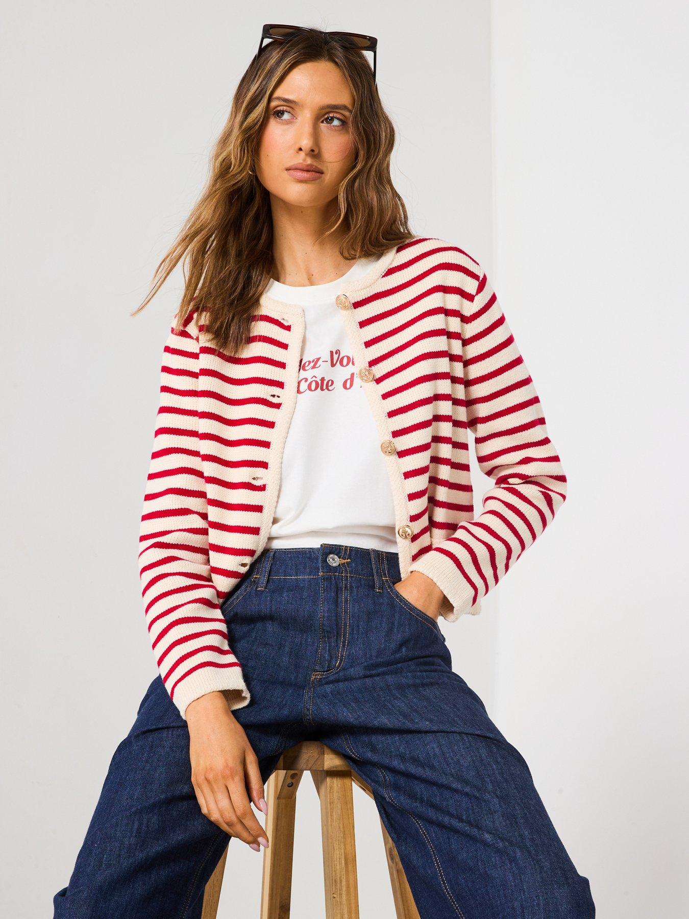 image of mango-stripped-knit-cardigan-red