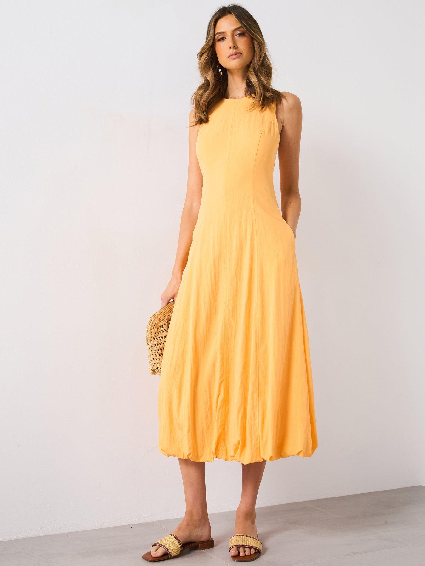 mango-puffed-hem-midi-dress-orange