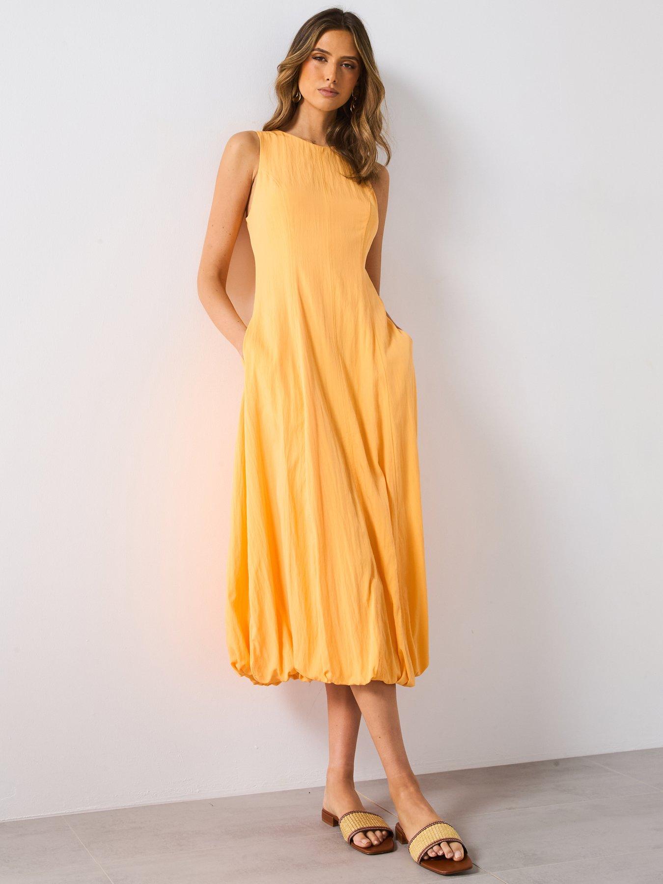  image of mango-puffed-hem-midi-dress-orange
