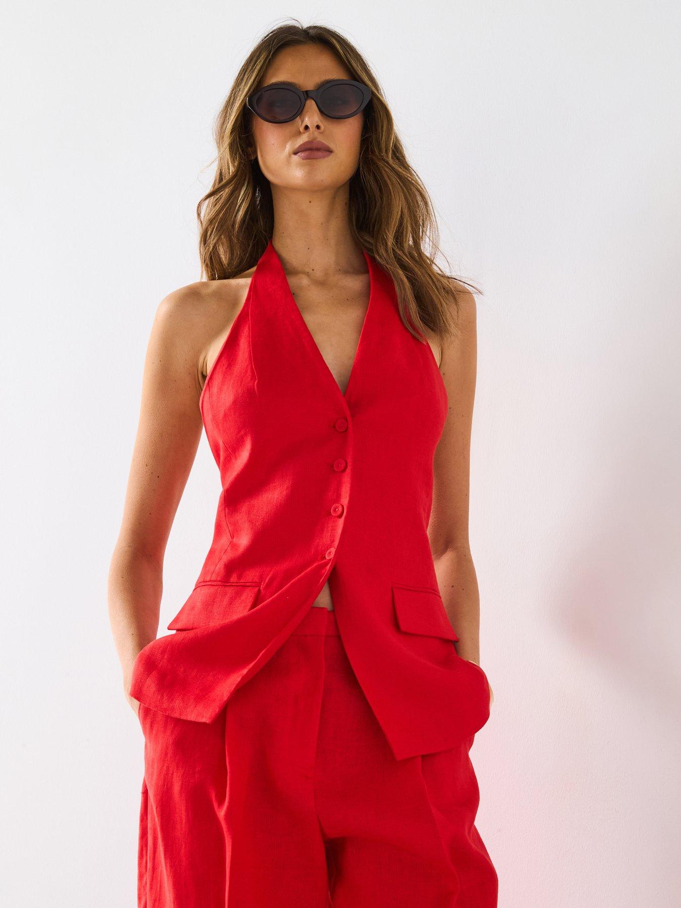 Mango Linen Halter-Neck Suit Waistcoat - Red