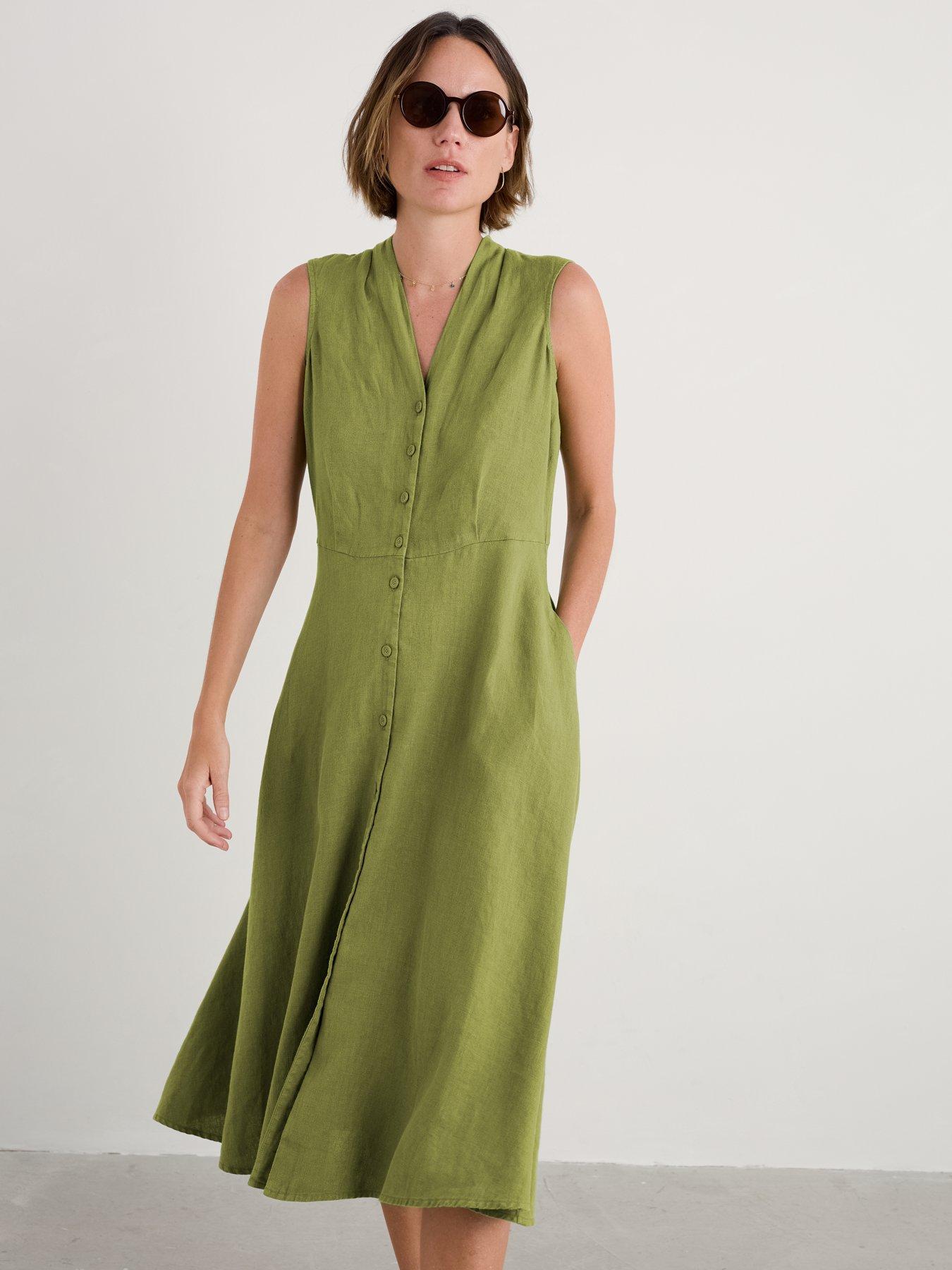 undefined Carved Wood Sleeveless Linen Dress - Green