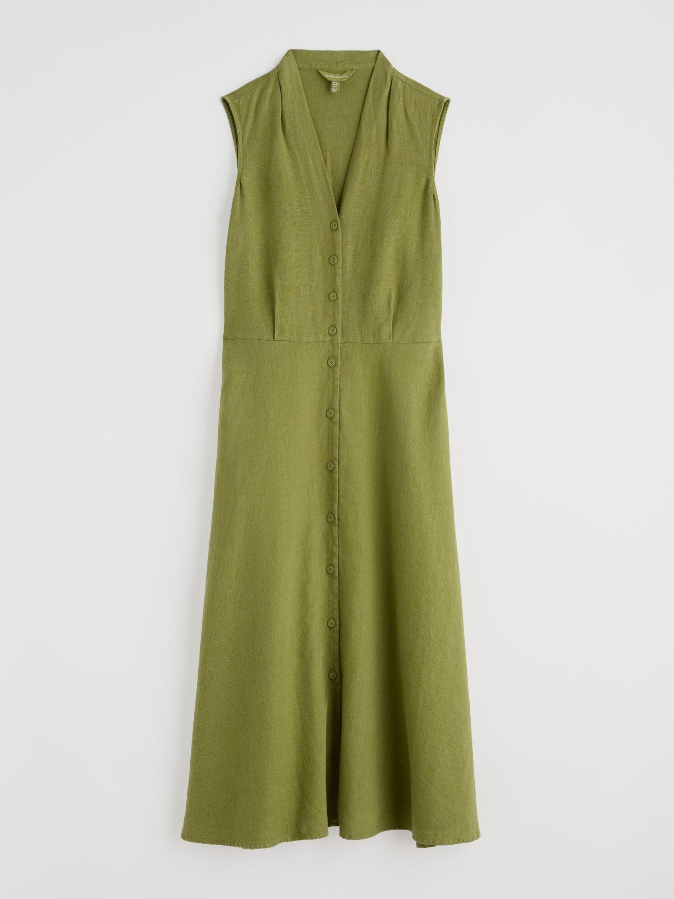 Seasalt Cornwall Carved Wood Sleeveless Linen Dress - Green | Littlewoods