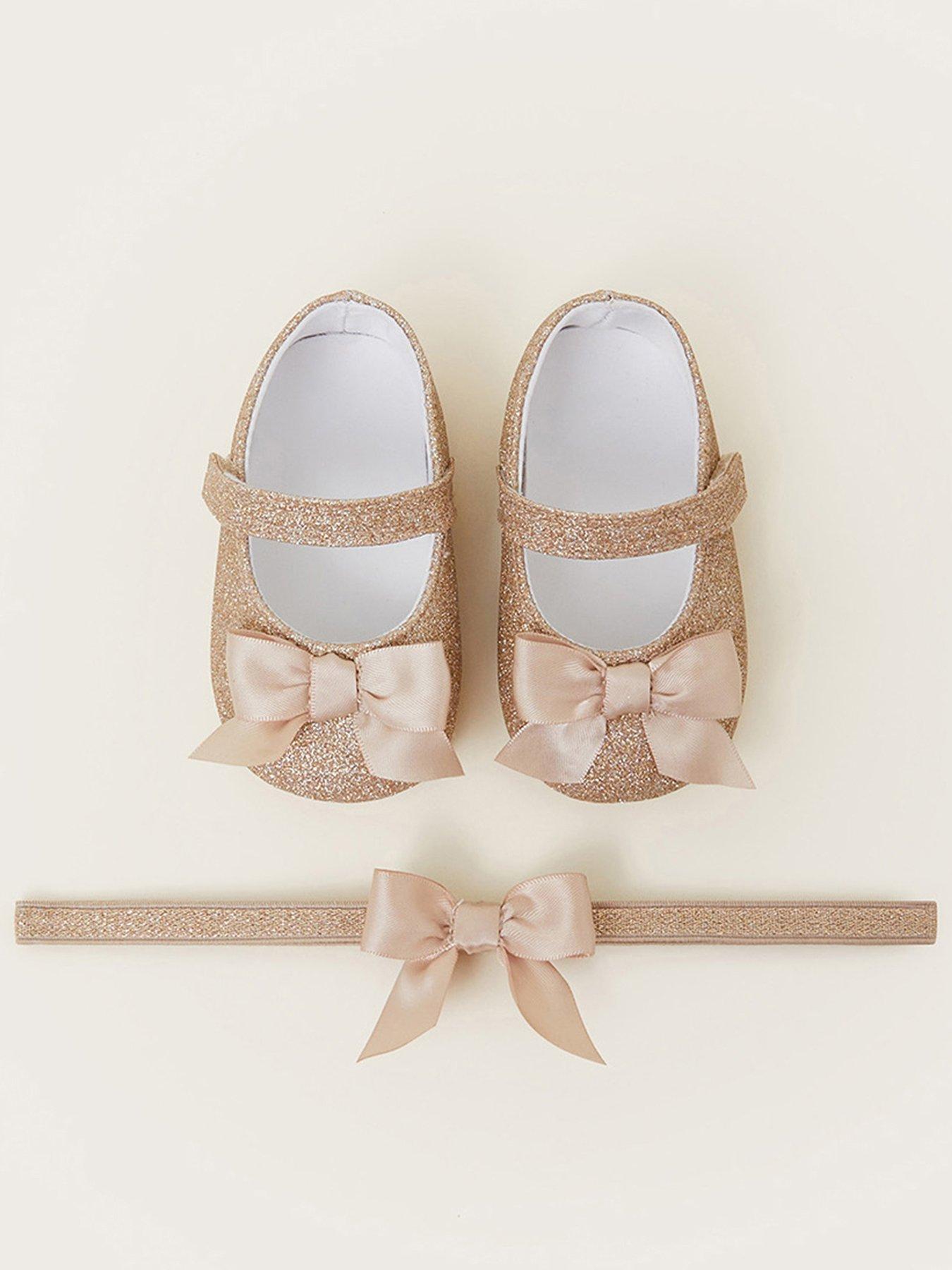  image of monsoon-baby-girls-glitter-bow-booties-and-headband-set-gold