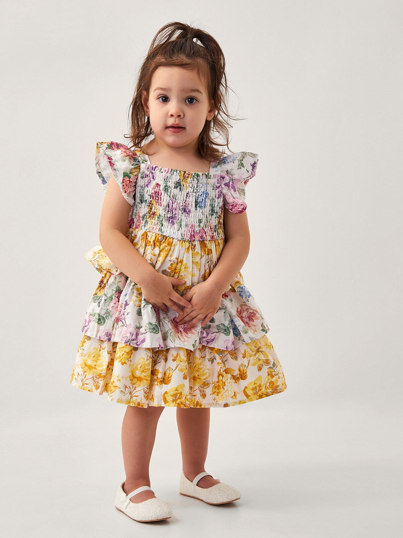 undefined Baby Girls Floral Print Puff Sleeve Tiered Dress - Yellow