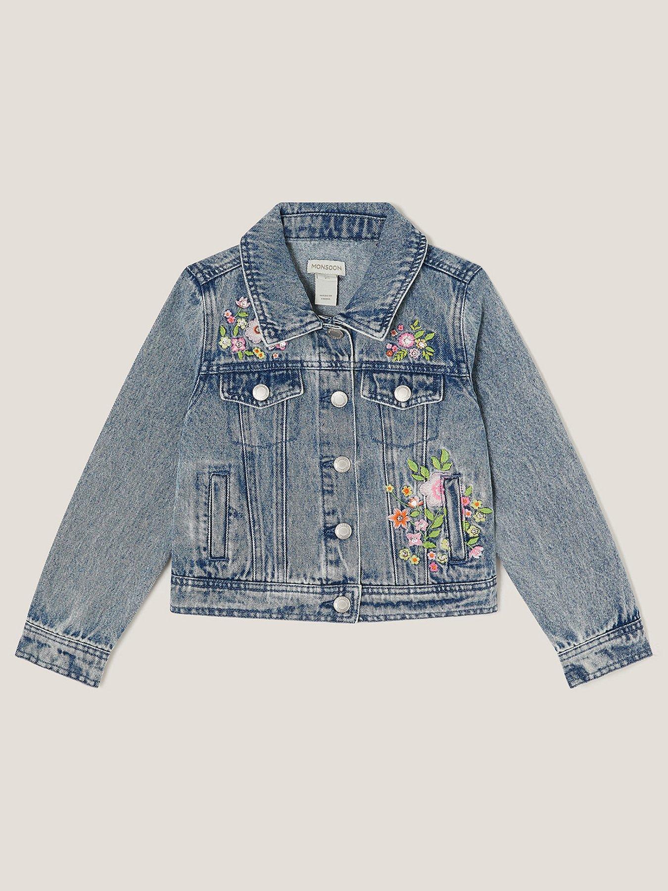  image of monsoon-girls-sequin-floral-embroidered-denim-jacket-blue