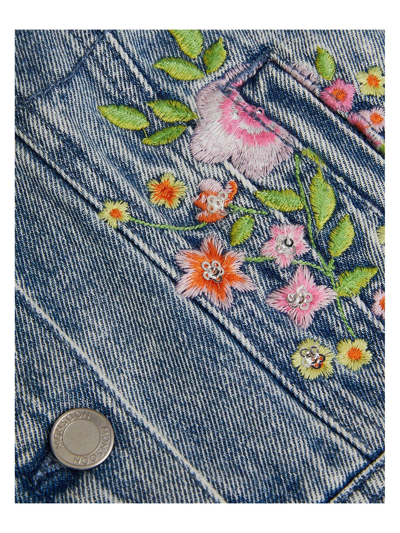  image of monsoon-girls-sequin-floral-embroidered-denim-jacket-blue