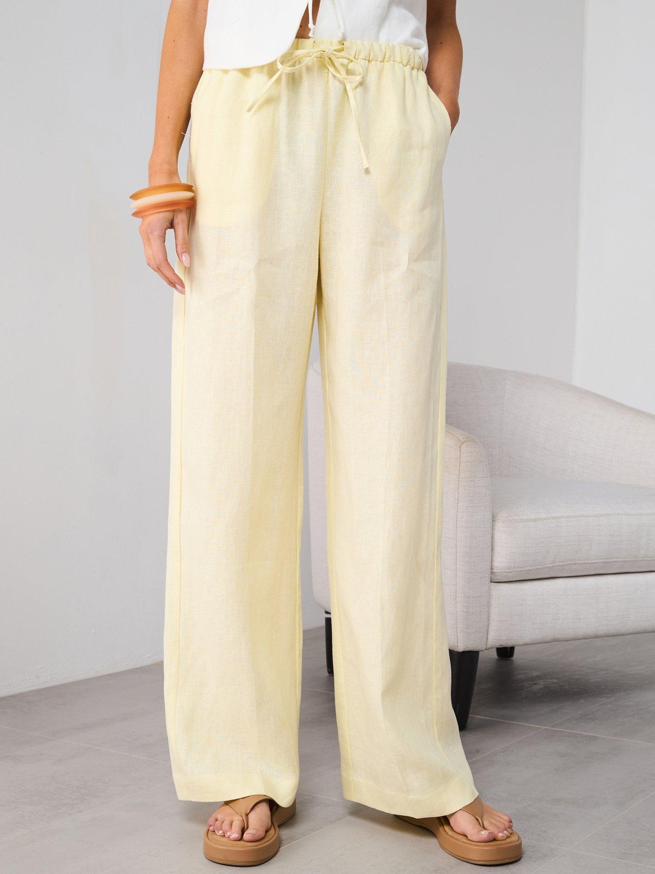 front image of mango-straight-linen-pants-with-bow-yellow