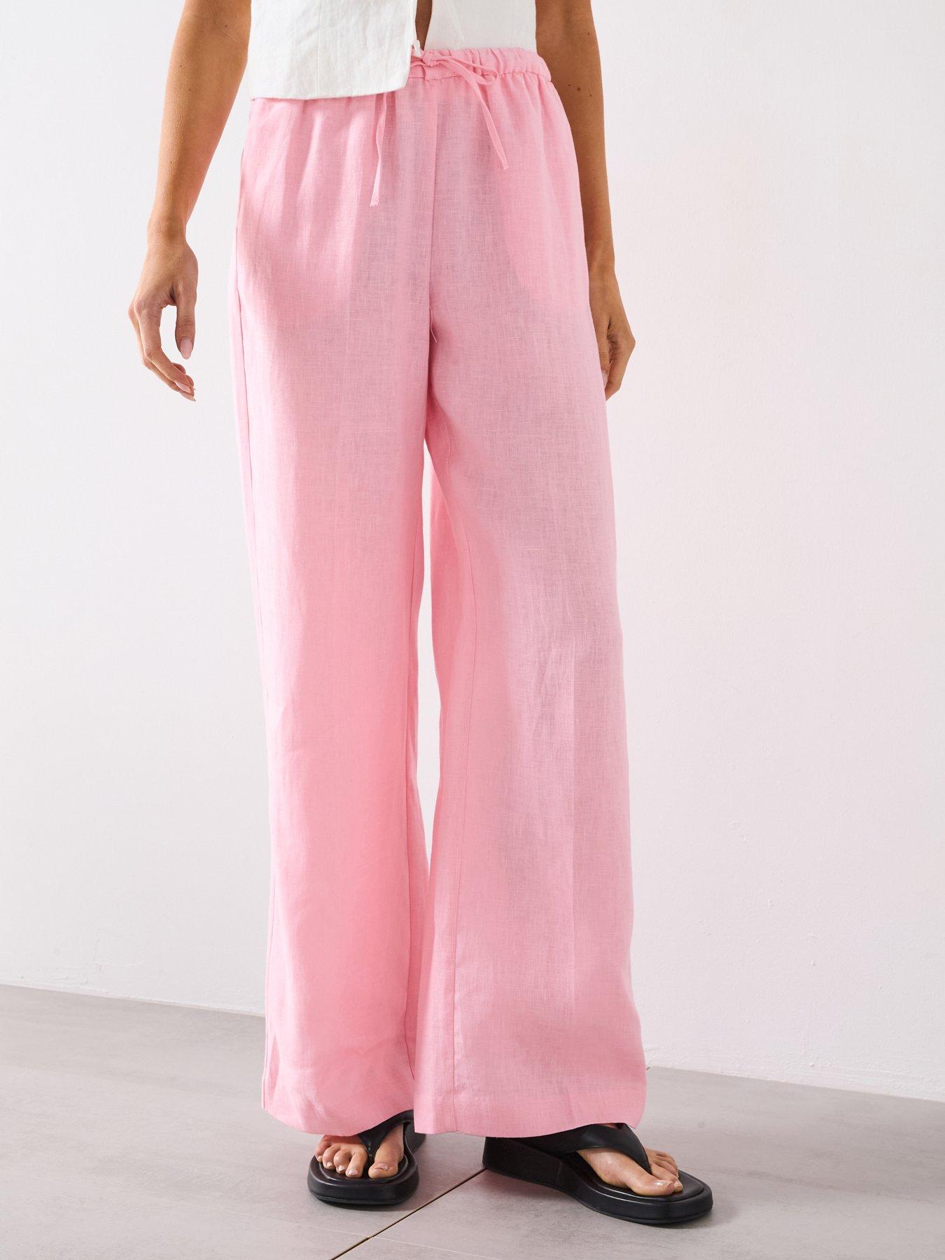 undefined Straight Linen Pants With Bow - Pink