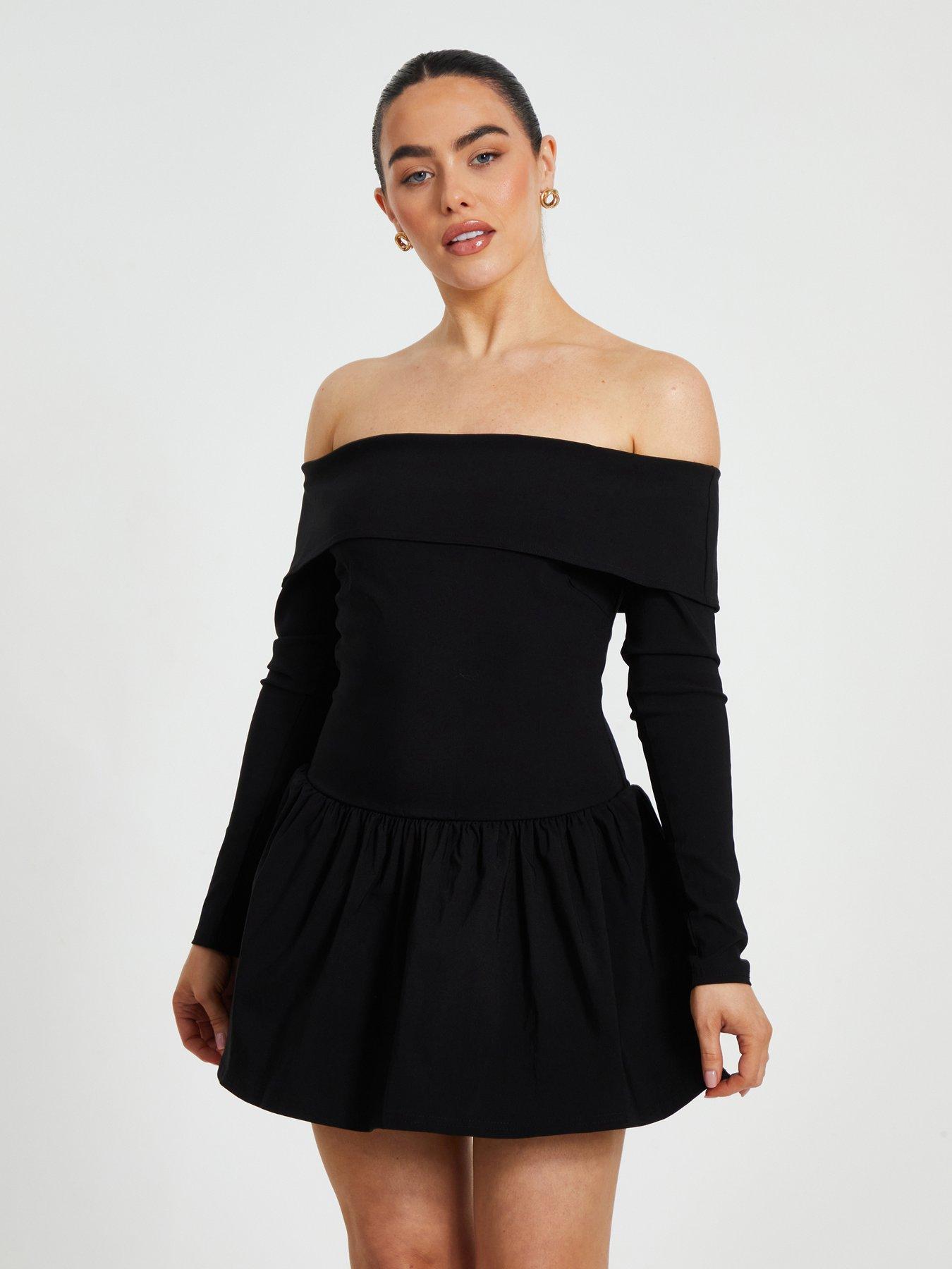 undefined Petite Black Bardot Skater Dress