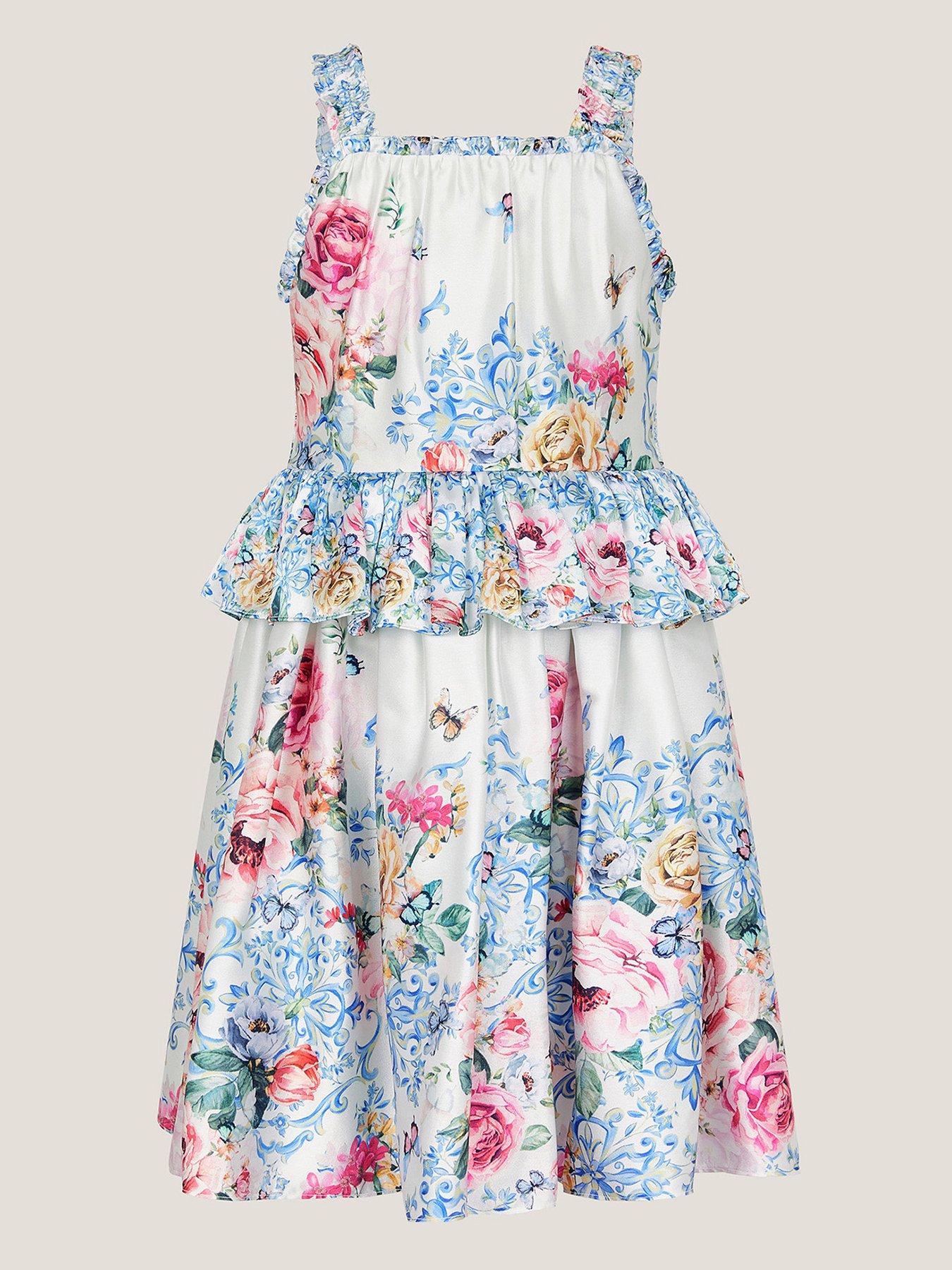 undefined Girls Rose Floral Satin Dress - Light Cream