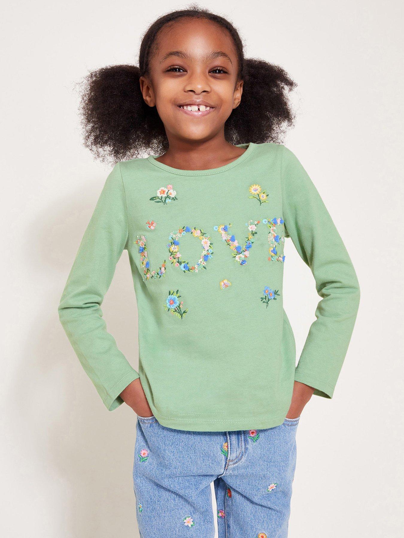  image of monsoon-girls-floral-love-embroidered-long-sleeve-tshirt-green