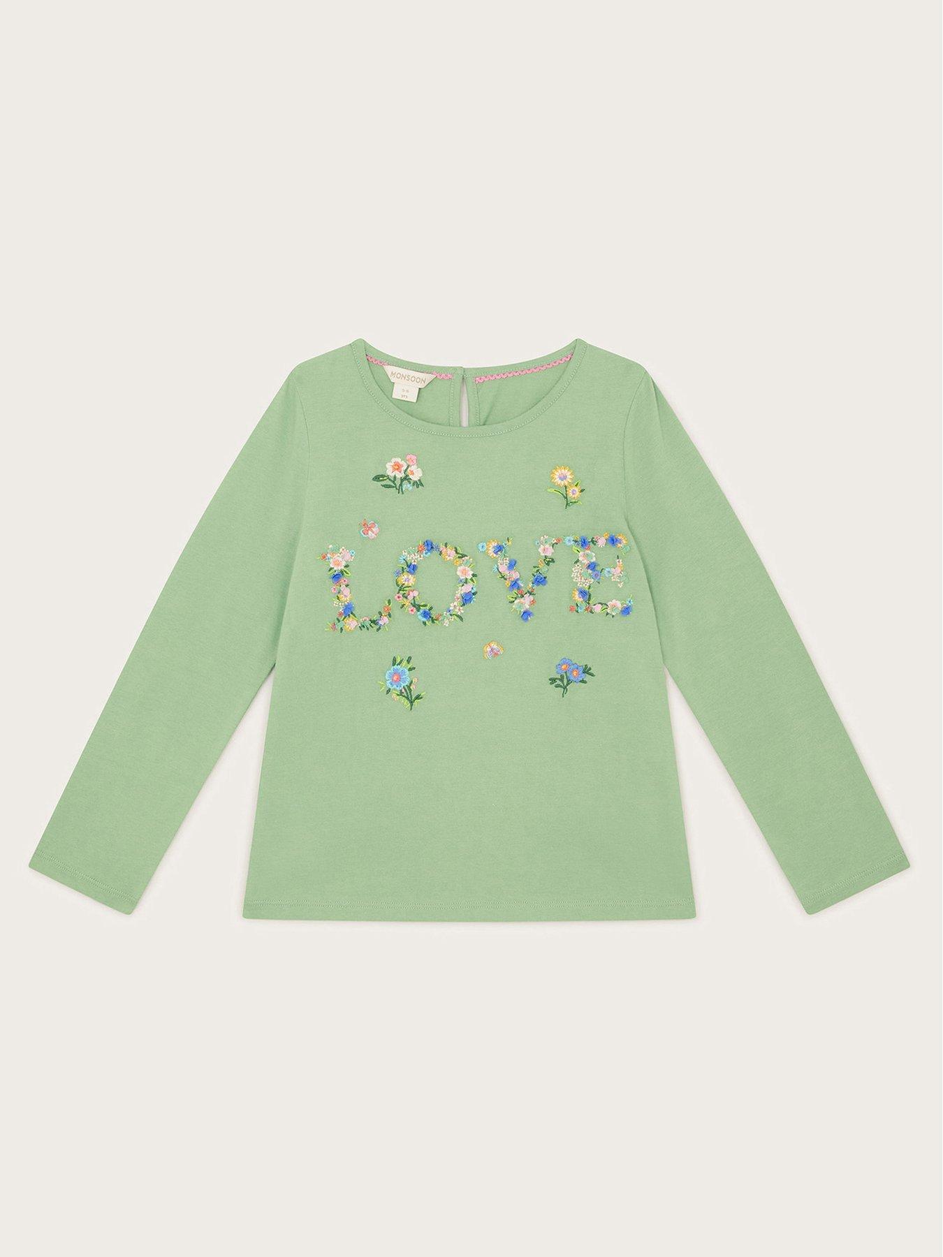  image of monsoon-girls-floral-love-embroidered-long-sleeve-tshirt-green